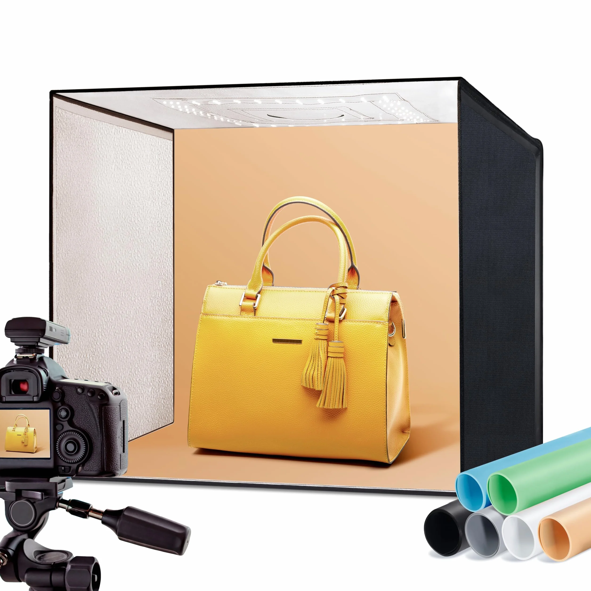 RALENO 50x50cm Scatola fotografica, Kit Tenda Luce da Regolabile Pieghevole da 50W con 120 luci LED (5500 K, 97 CRI) e 6 PVC Colori Fondali