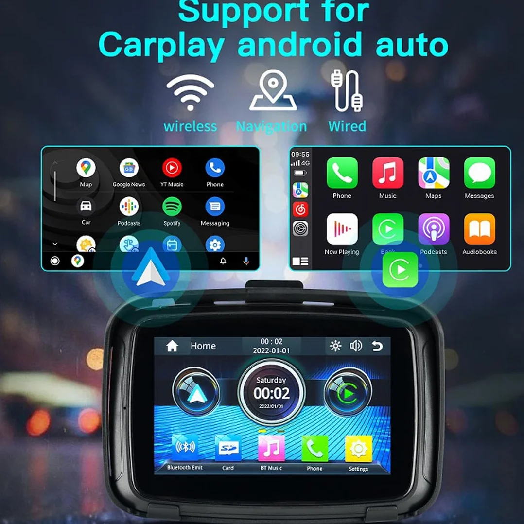 PolarLander Monitor per Moto Portatile 5'' IPS Impermeabile IPx6 Compatibile con Wireless Apple Carplay e Android Auto Dual Bluetooth