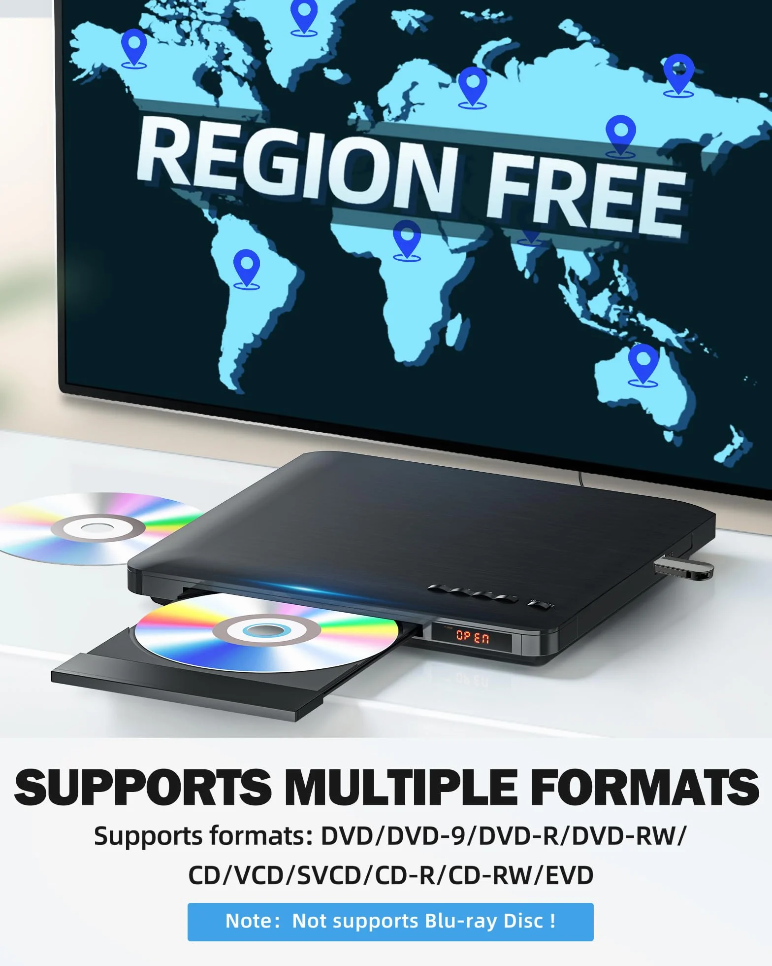 Lettori DVD per TV con HDMI, tutti i lettori DVD region free con sistema NTSC/PAL, lettore CD per impianto stereo domestico, cavi HDMI/RCA inclusi, telecomando (senza batteria)