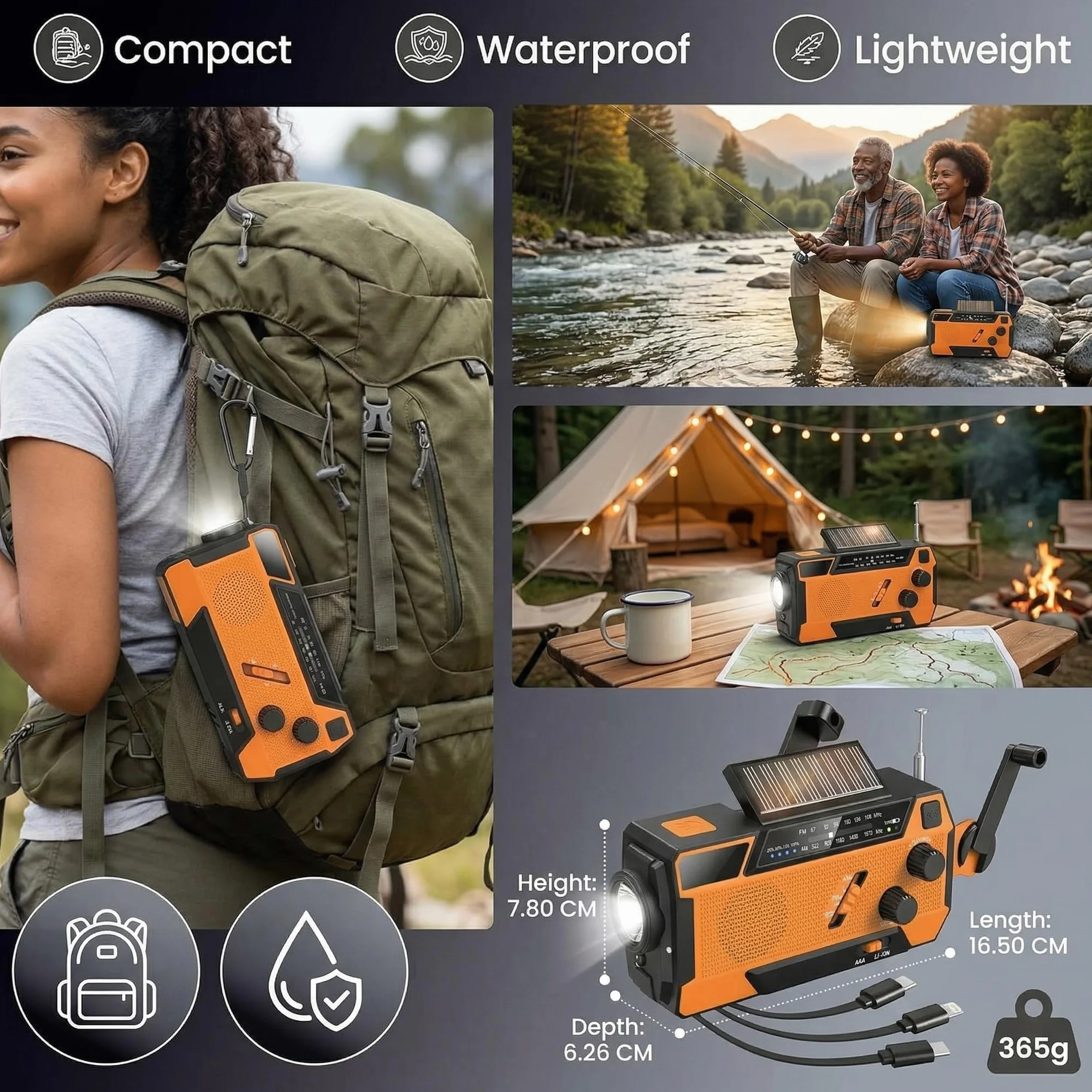 Radio di Emergenza a Manovella con Pannello Solare, Powerbank 2000mAh, Torcia LED SOS