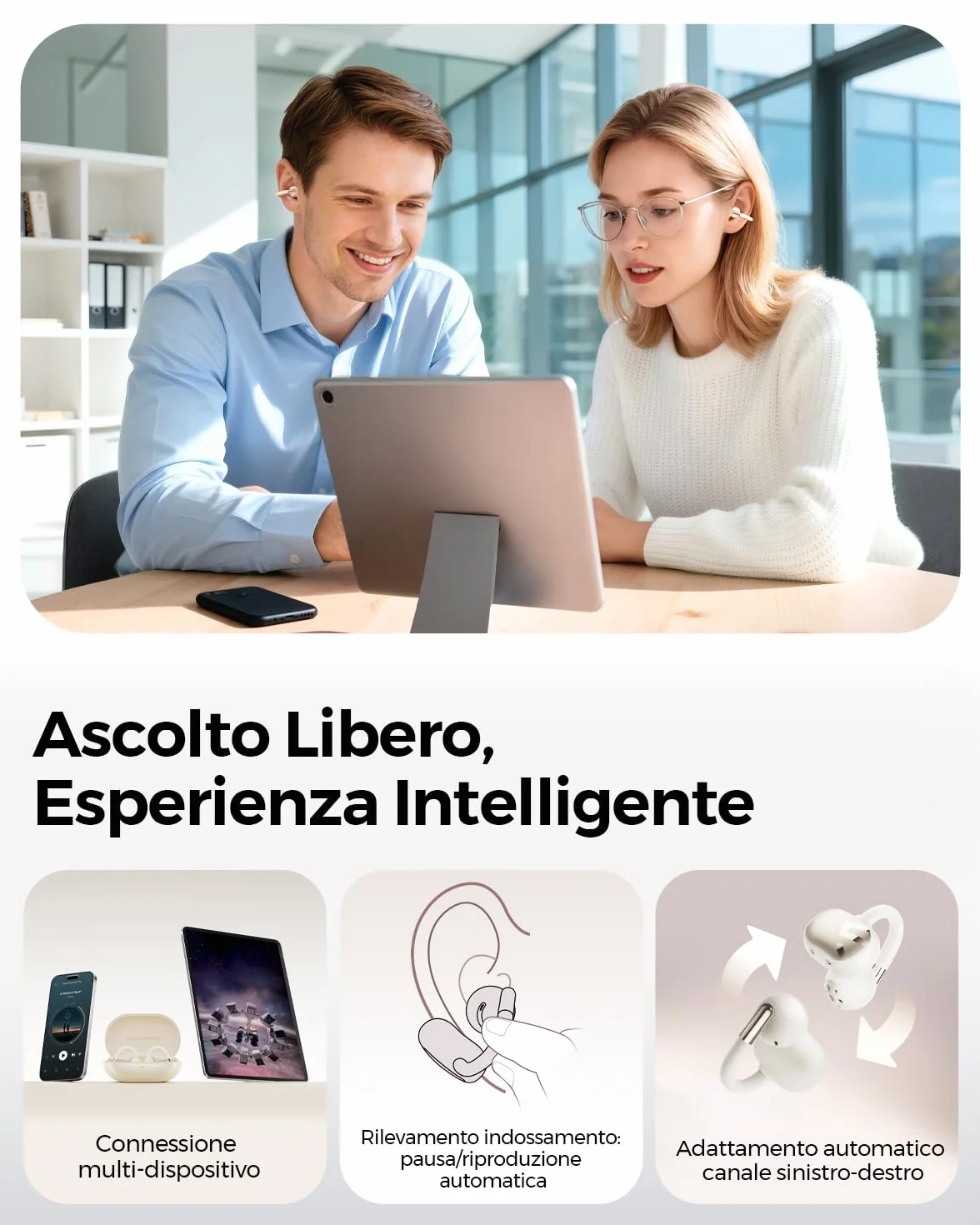 SoundPEATS Clip1 Open-Ear Auricolari, con Hi-Res e LDAC, Audio Dolby, Autonomia di 40 Ore, Ricarica Rapida, Bluetooth 5.4, Connessione Multipla, IPX5, Rilevamento Uso, PeatsAudio APP