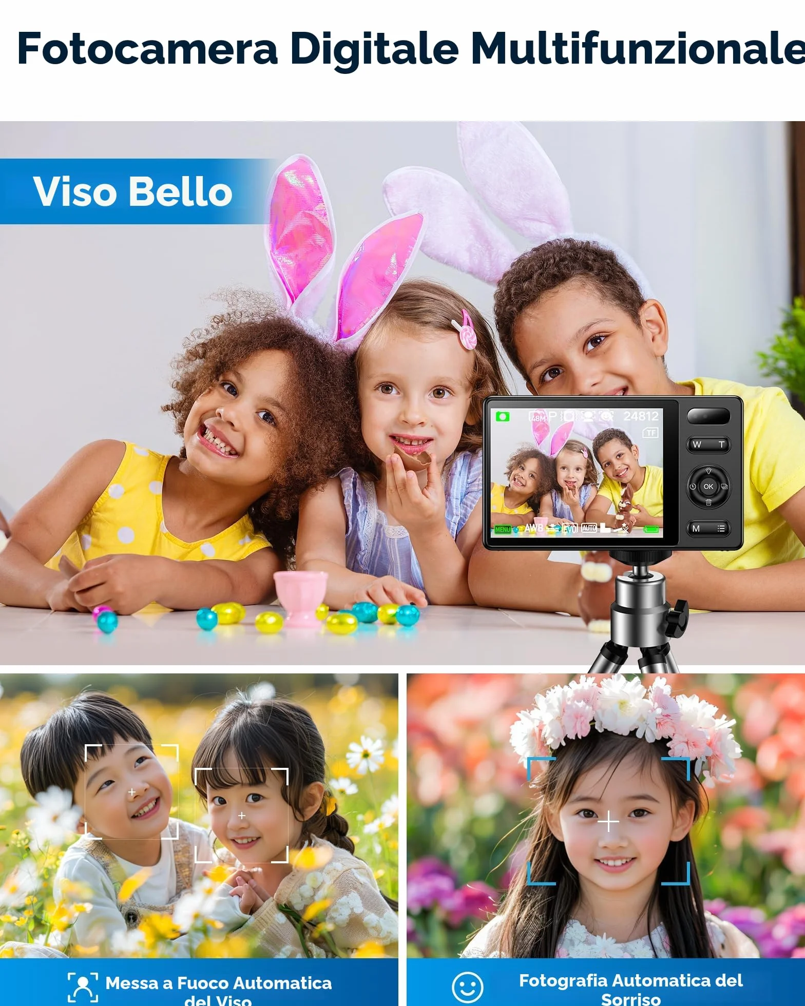 Fotocamera Digitale Bambini Compatta 64GB: 48MP Fotografica Anti-Shake Fotocamera Vlogging per YouTube 16X Digital Zoom Photo Filtrazione Ripresa Continuo Automessa a Fuoco Fotocamera