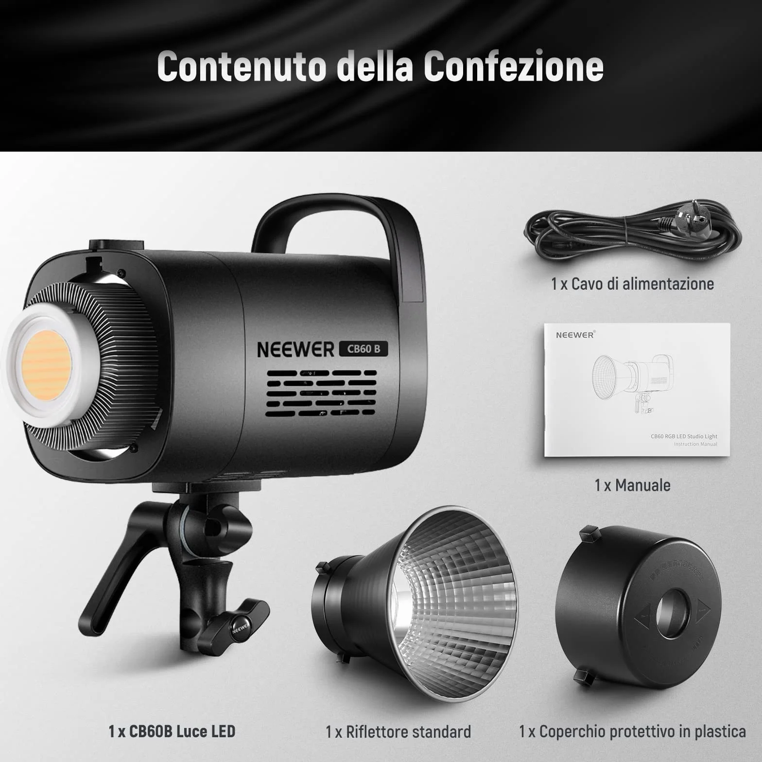 NEEWER CB60B 70W Luce Video LED con Controllo 2,4G/APP COB Bicolore Illuminazione Video Continua Attacco Bowens 2700K-6500K 34000Lux@1m/Modalità CCT/CRI97+/12 Scene per Studio Registrazione Fotografia