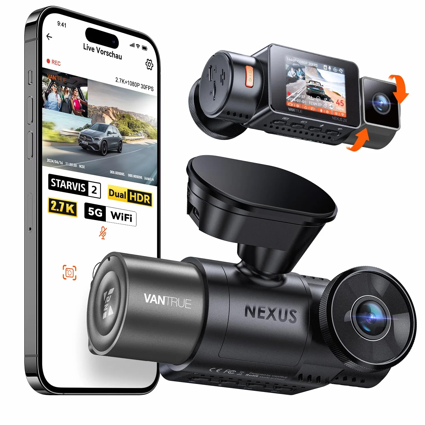 VANTRUE N2X 2.7K+1080P Telecamera per Auto Anteriore Interna, STARVIS 2 Doppia HDR Dash Cam Infrarossi, 2.5K/60FPS Frontale, 5GHz WiFi GPS, APP & Controllo Vocale, 24/7 Modalita Parcheggio, Max 512GB