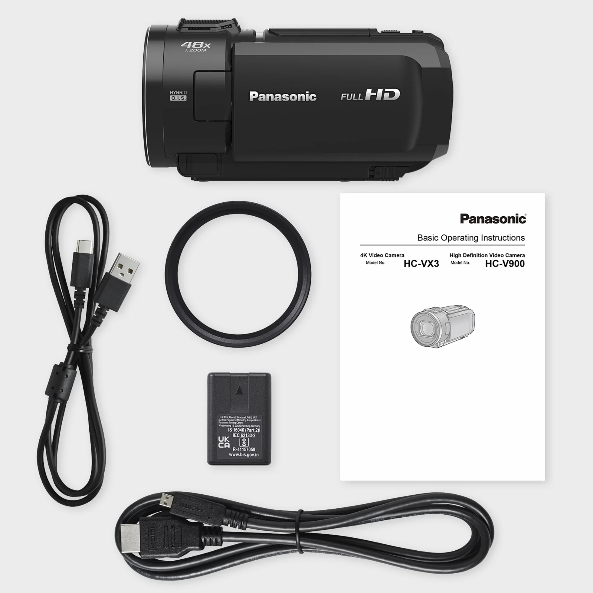 Panasonic HC-V900E-K Videocamera Compatta Full-HD, Grandangolo 25 mm, Zoom Ottico 24x, Nero