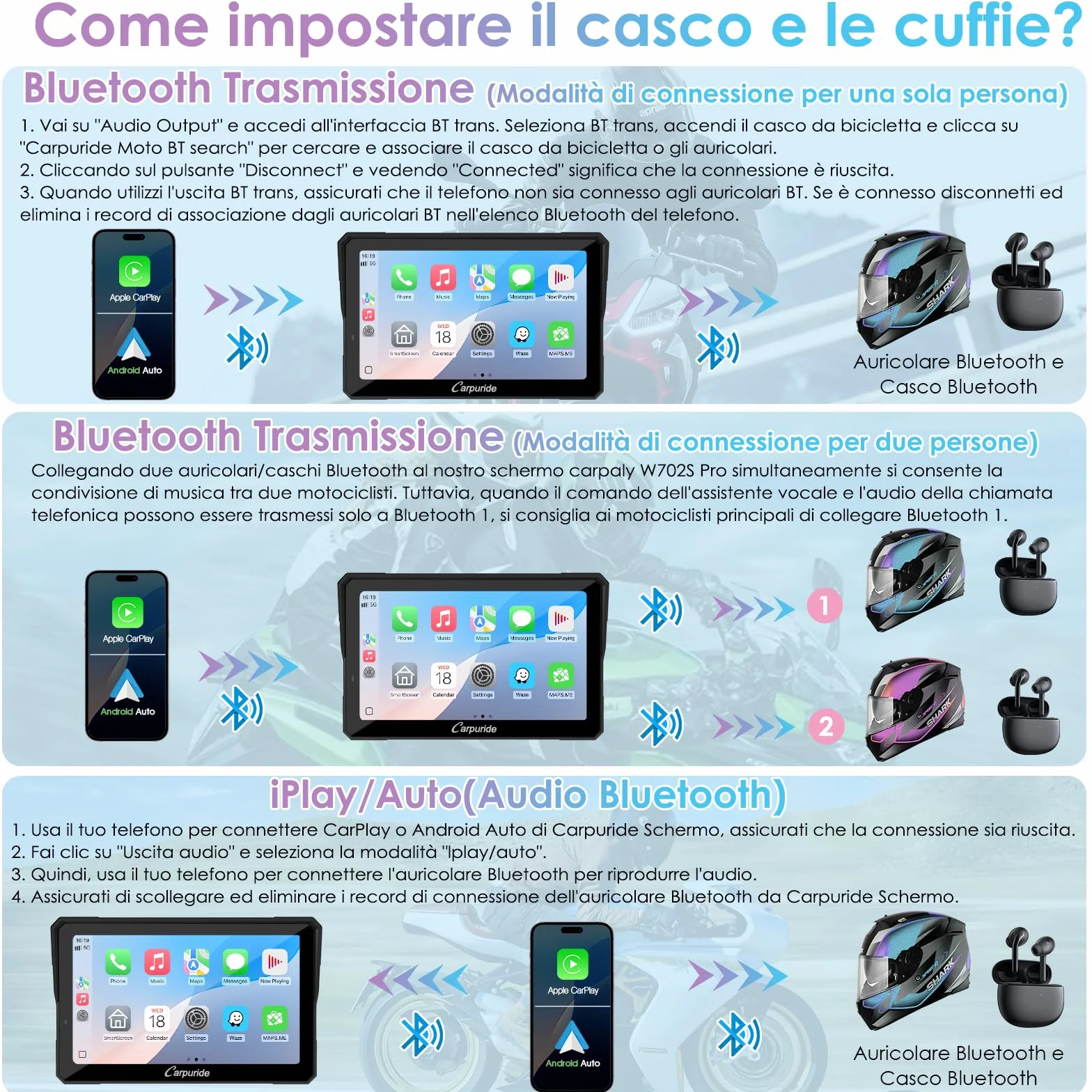 CARPURIDE W702S Pro Moto Carplay Schermo con BM05 Supporto per Plug-and-Play, Senza Fili CarPlay e Android Auto, 7" Impermeabile Touchscreen, Doppio Bluetooth, Cablato Controller, Bussola.