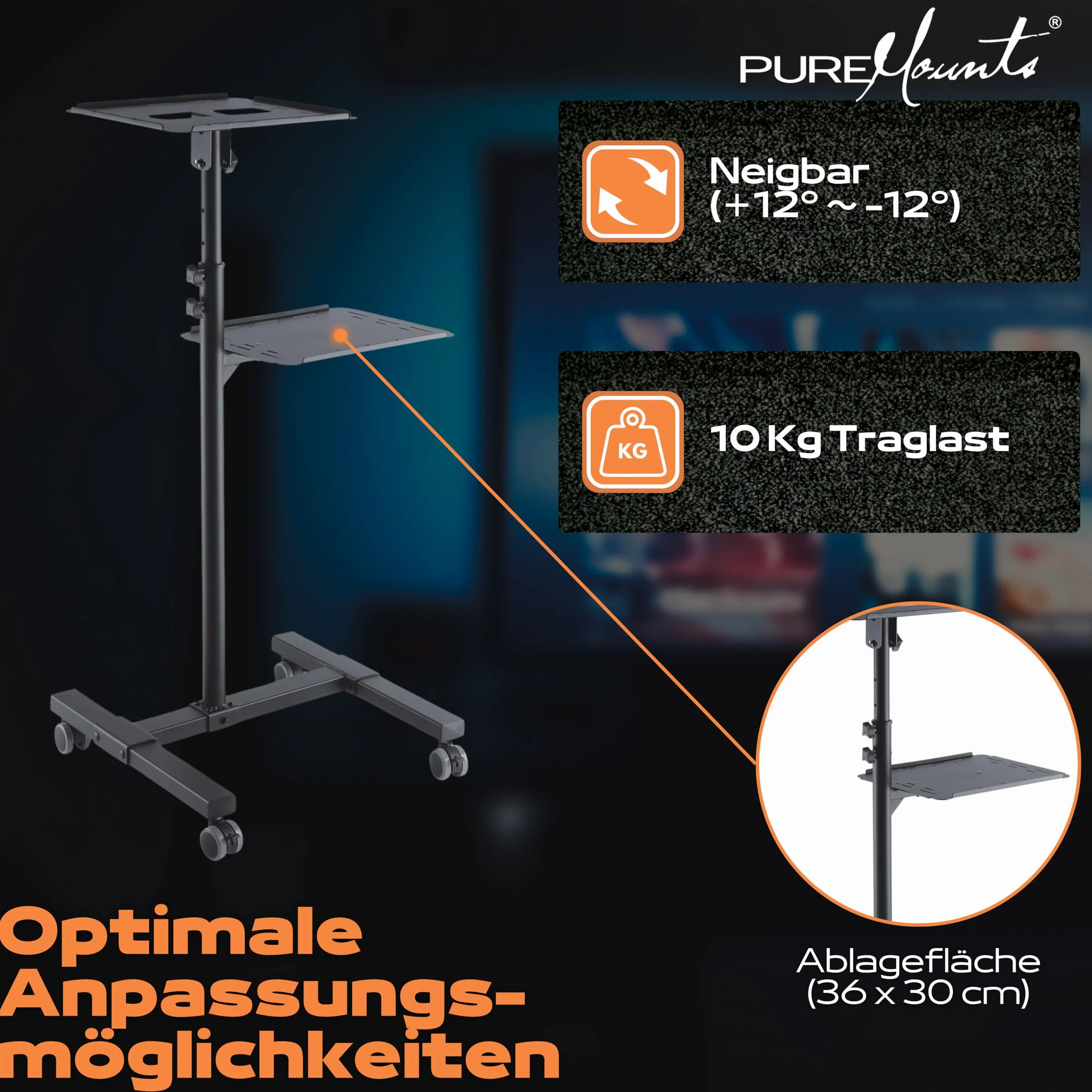 PureMounts PCART-10 - carrello/tavolo da proiezione inclinabile, regolabile in modo flessibile (da 950 mm a 1450 mm), capacità di carico 10 kg, colore nero, auto beamer: 950-1450mm