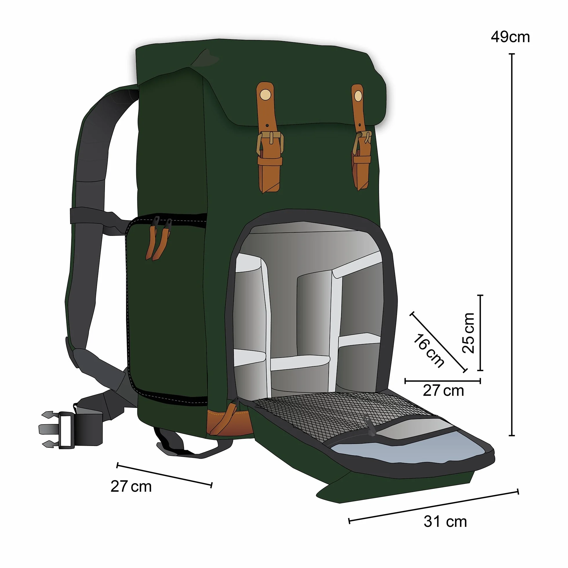 Mantona Luis Retro Zaino fotografico verde, per fotocamera con copertura antipioggia, borsa fotografica con scomparto per laptop, DSLR, 3 obiettivi e accessori fotografici
