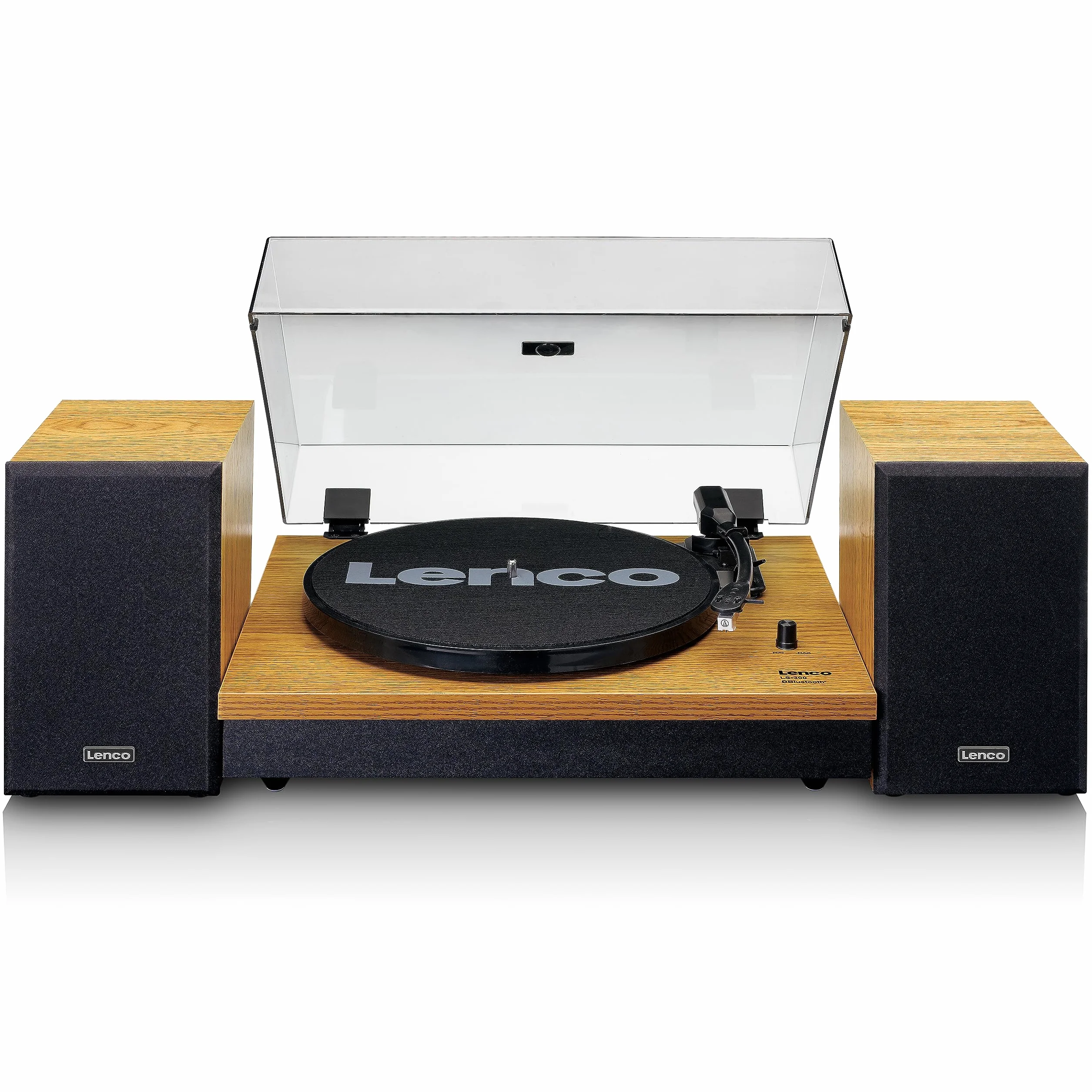 Lenco LS300WD - Giradischi stereo con altoparlanti, Bluetooth, Contrappeso regolabile, Trasmissione a cinghia, MMC, RCA, Arresto automatico, Cappuccio antipolvere, Colore Legno