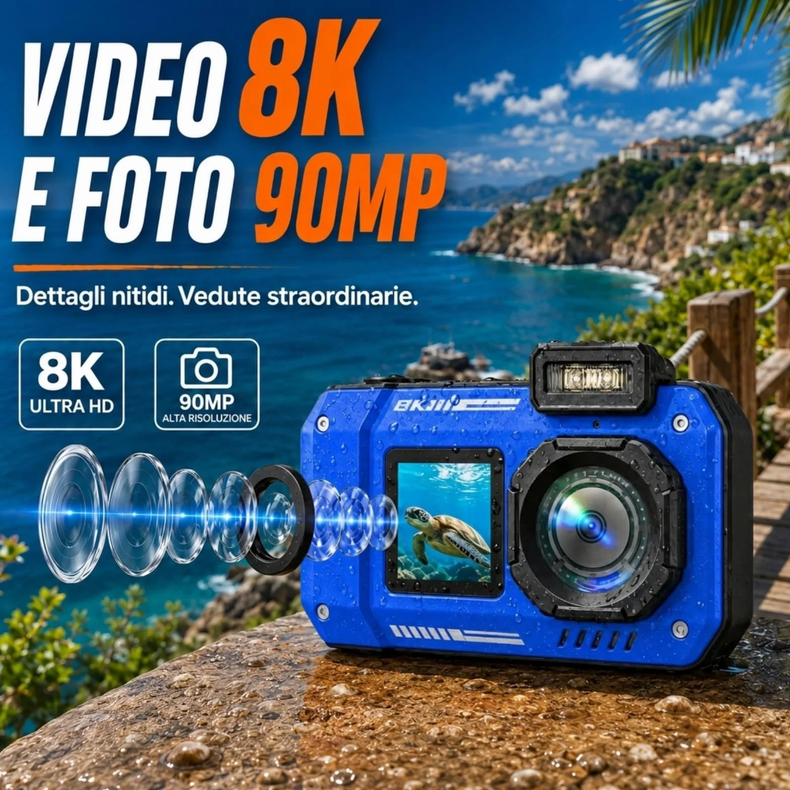 MaxMango D50 33FT Macchina Fotografica Subacquea Impermeabile, 8K 70MP Fotocamera Digitale con 16 GB di Scheda, Doppio Schermo 2.8'' per Selfie, 18x Zoom, Resistente a Polvere e Urti per Snorkeling