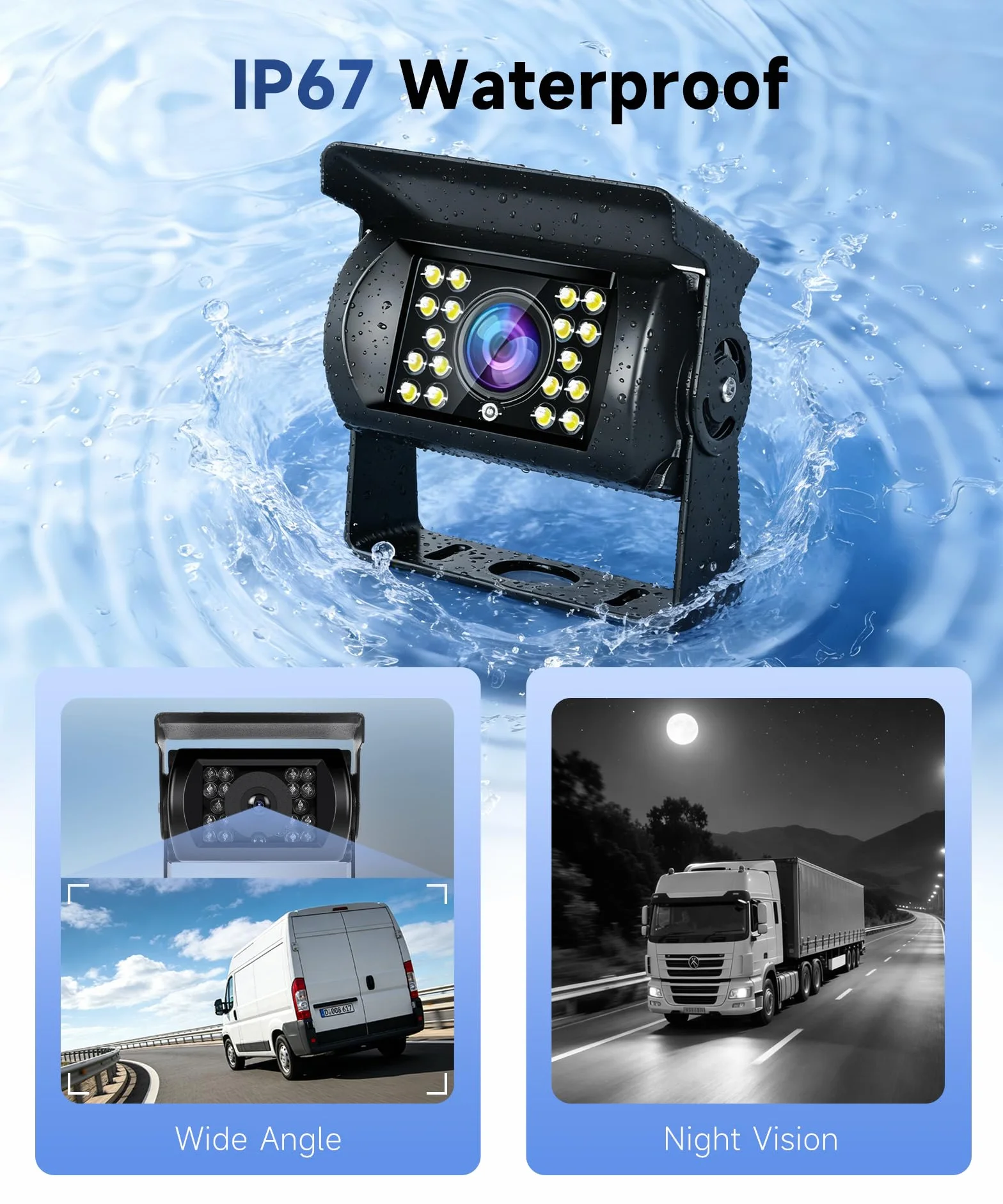 Telecamera Posteriore per Auto con 2 Telecamere, Monitor LCD da 7 Pollici Telecamera per Auto Kit,Impermeabile IP68,18IR Visione Notturna, 10M+15M Cavo Video per Auto/Bus/Camion/Camper/Furgone 12V-24V
