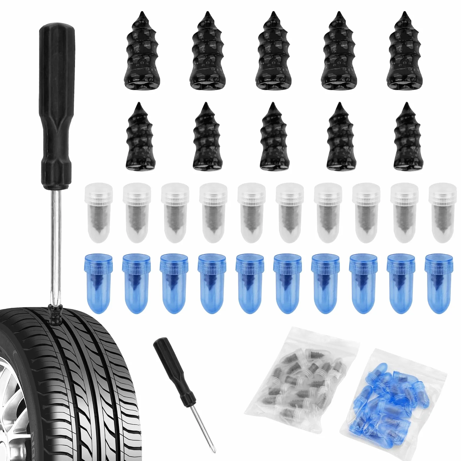 30 Pezzi Kit Riparazione Pneumatici Auto Sottovuoto, Ripara Gomme, Chiodi a Spirale con Cacciavite per Auto Moto Camion Bicicletta