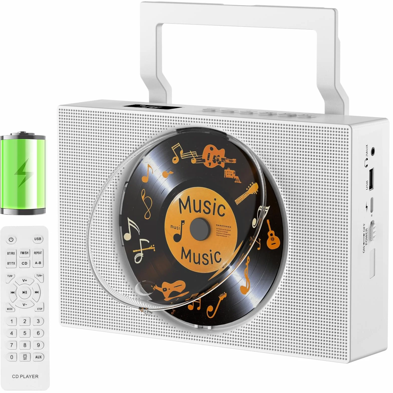 Gueray Lettore CD Portatile con Radio Bluetooth, Altoparlanti, Display, Telecomando, AUX 3.5mm, Jack Cuffie, Radio FM, USB Type-C