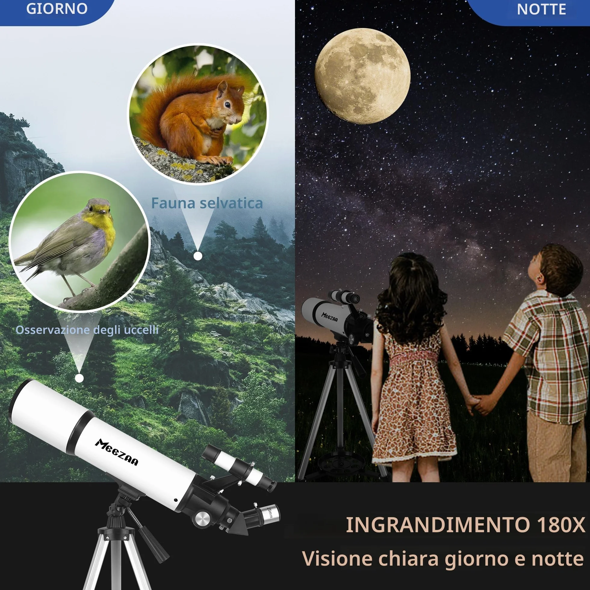 MEEZAA Telescopio, Telescopio Astronomico Professionale Adulti, 80/600mm (24X-180X) Telescopi Rifrattori per Bambini e Principianti, Portatile da Viaggio con Treppiede, Adattatore Telefonico e Borsa