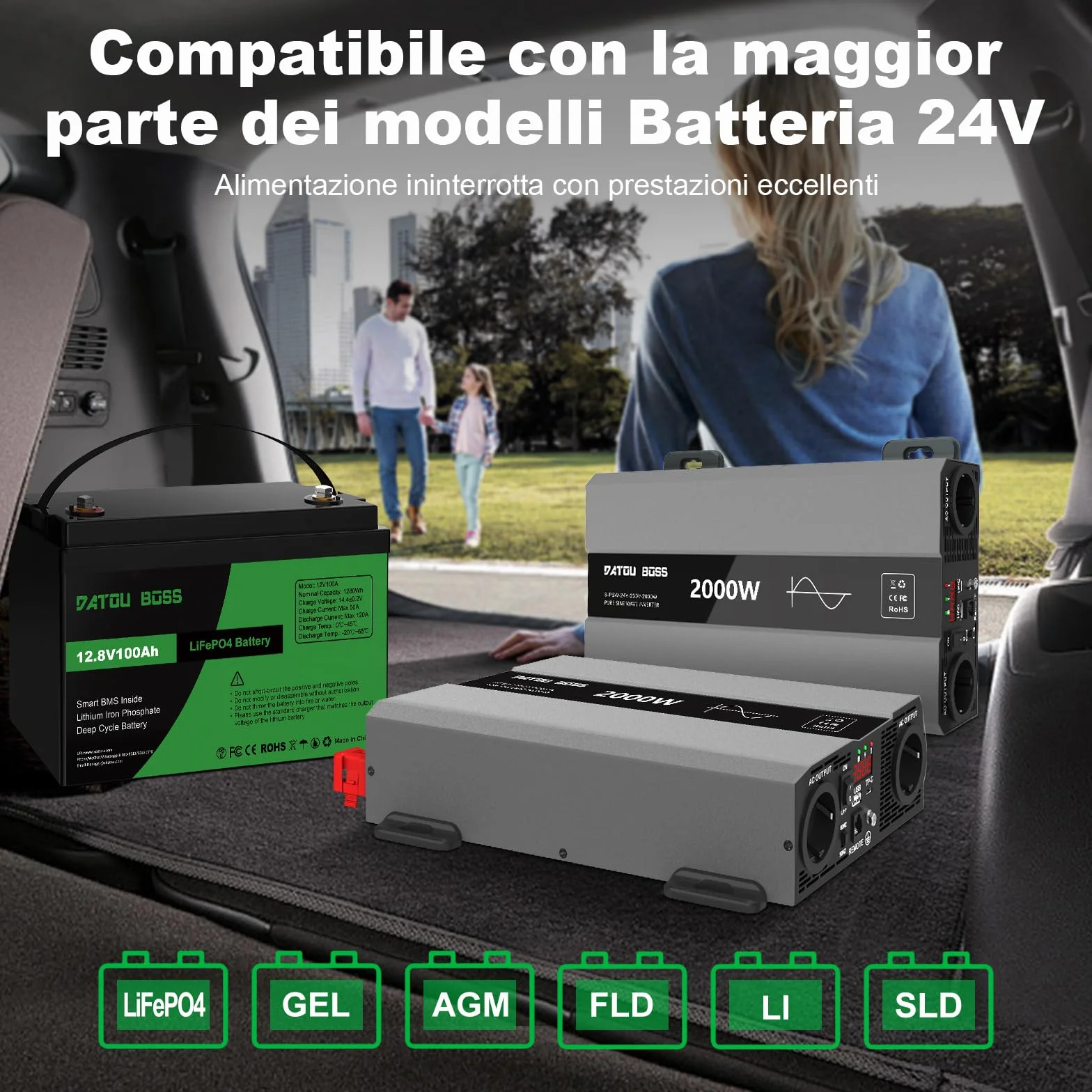 DATOUBOSS Inverter 24V 220V 2000W Onda Pura(Picco 4000W), Trasformatore 24V 220V con 2 EU Prese, Porte USB-A e USB-C,Display LCD,Comando a Distanza,per Camper, Camion, Emergenze e Apparecchi Campeggio