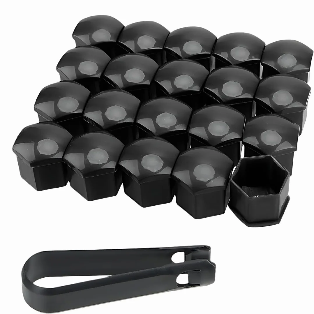 Set di 20 Cappucci per Dadi delle Ruote, Copriprotezione Esagonali per Autoveicoli, con Utensile di Rimozione (Nero), 17 mm per Auto e Autovetture