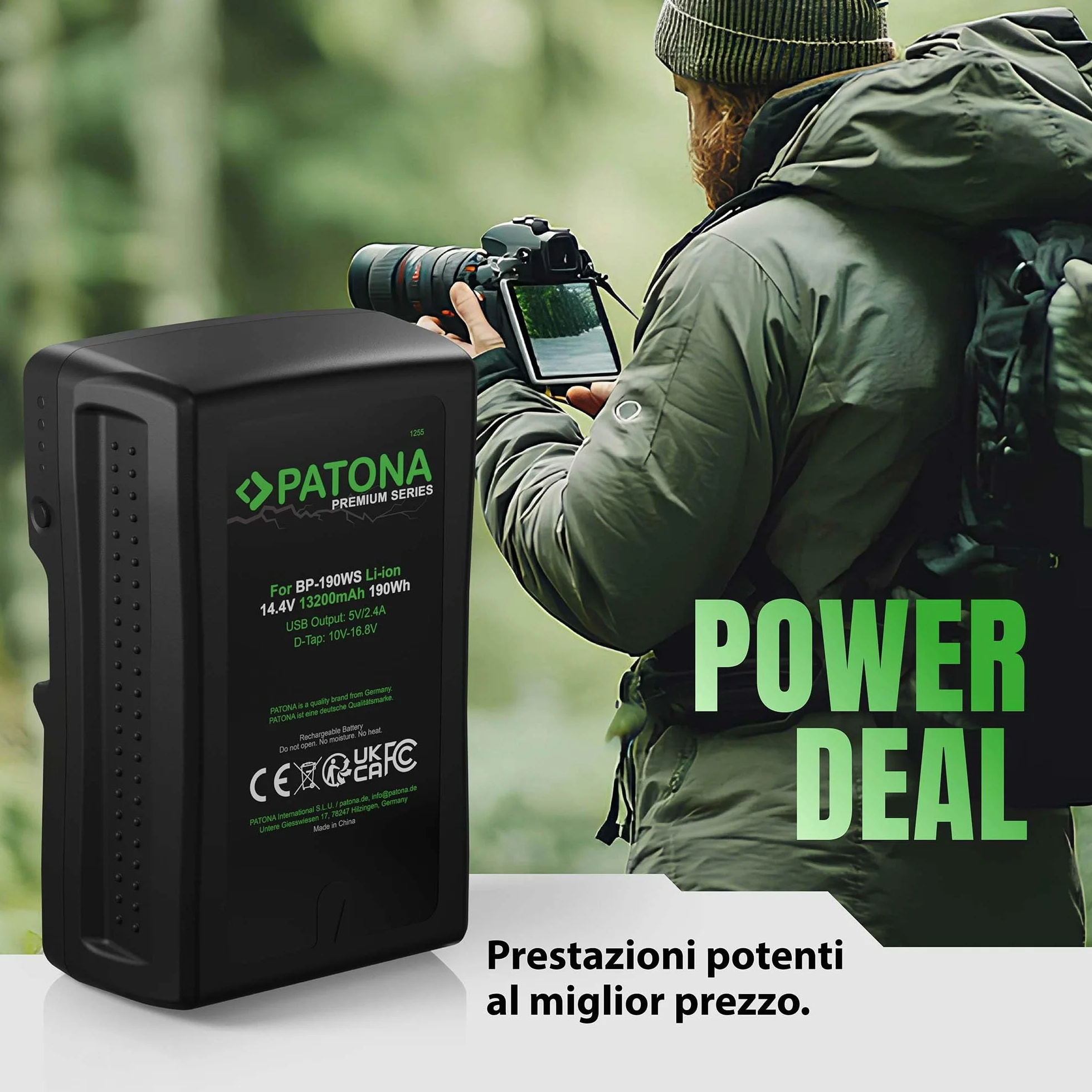 PATONA Premium Batteria V-Mount 190Wh (14,4V 13200mAh) – sostituisce Sony BP-190WS BP-GL95 BP-GL65 – con D-Tap e uscita USB, indicatore LED – per camcorder broadcast, URSA e luci video