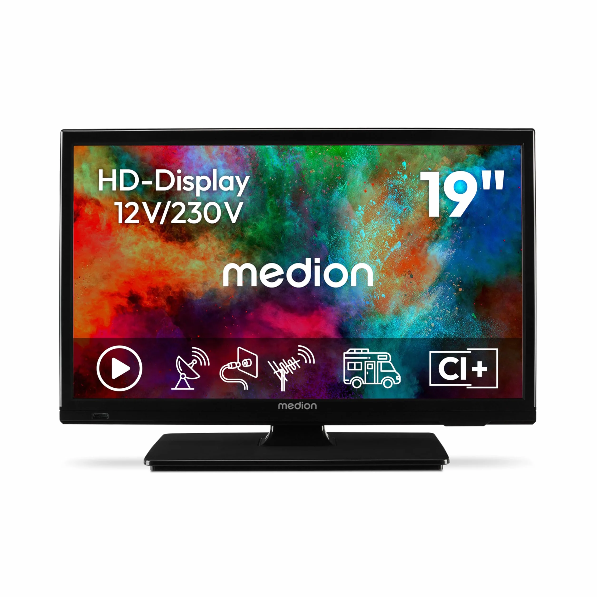 MEDION TV 19 pollici (47 cm) HD TV (perfetto per campeggio, camper, camion, giardino, adattatore per auto da 12 V, DVB-T2 HD, DVB-C, DVB-S2, HEVC, HDMI, USB, MD 819000)