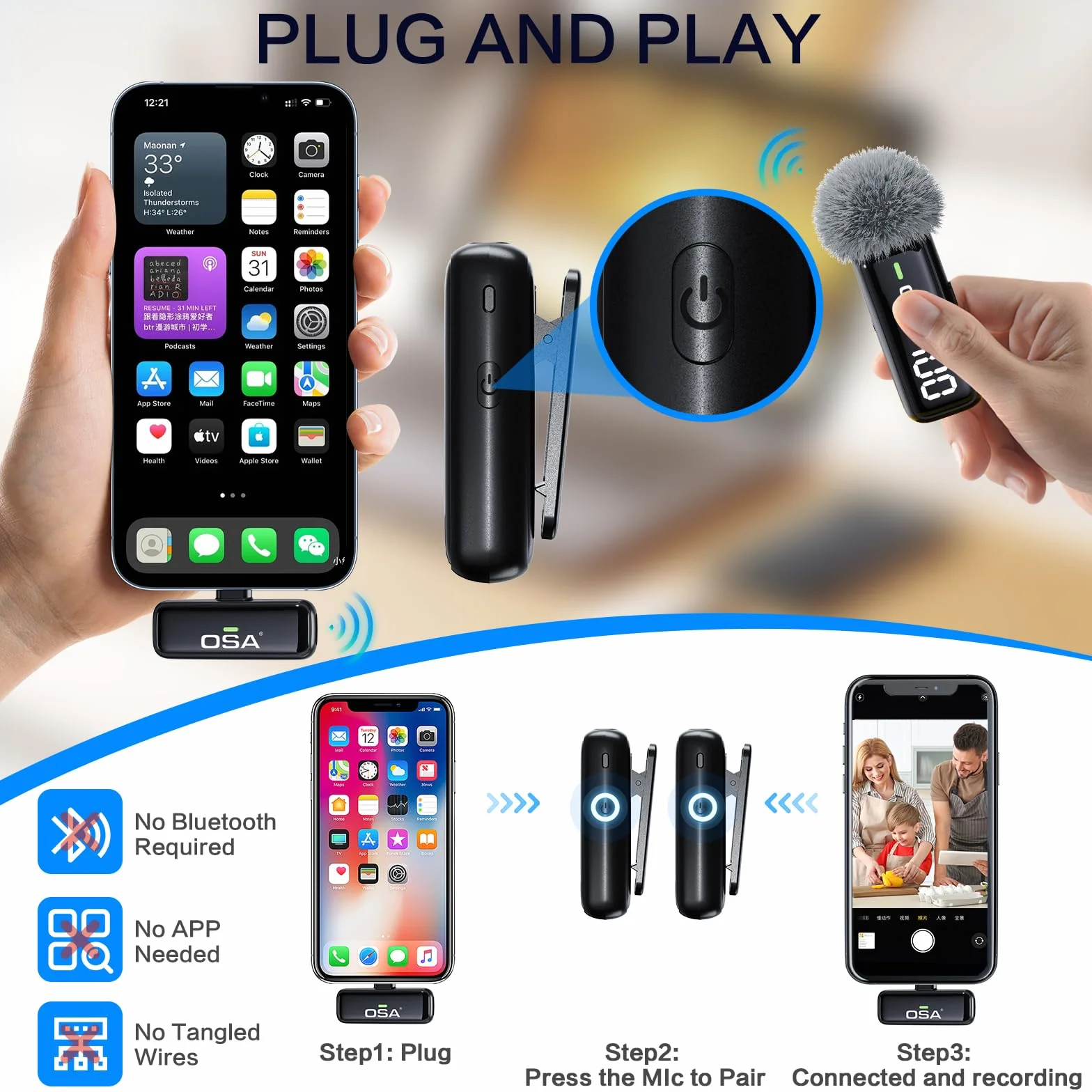 OSA Microfono Lavalier Wireless per iPhone Lightning (Fino a iPhone 14), Mini Microfono Bluetooth con Riduzione Rumore, Display Digitale, per TikTok Vlog YouTube