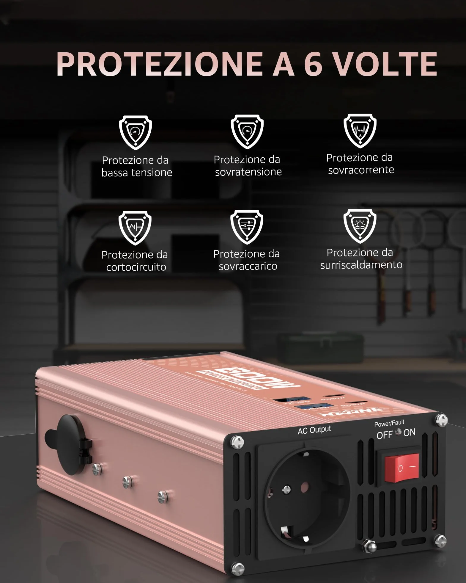 XWJNE 600W Inverter 12V 220V, Invertitore di Tensione con 1 Presa AC EU, 2 USB-A, 2 USB-C, Convertitore Onda Modificata Include Cavo Accendisigari e Pinze a Coccodrillo, per Auto, Camper, Viaggi