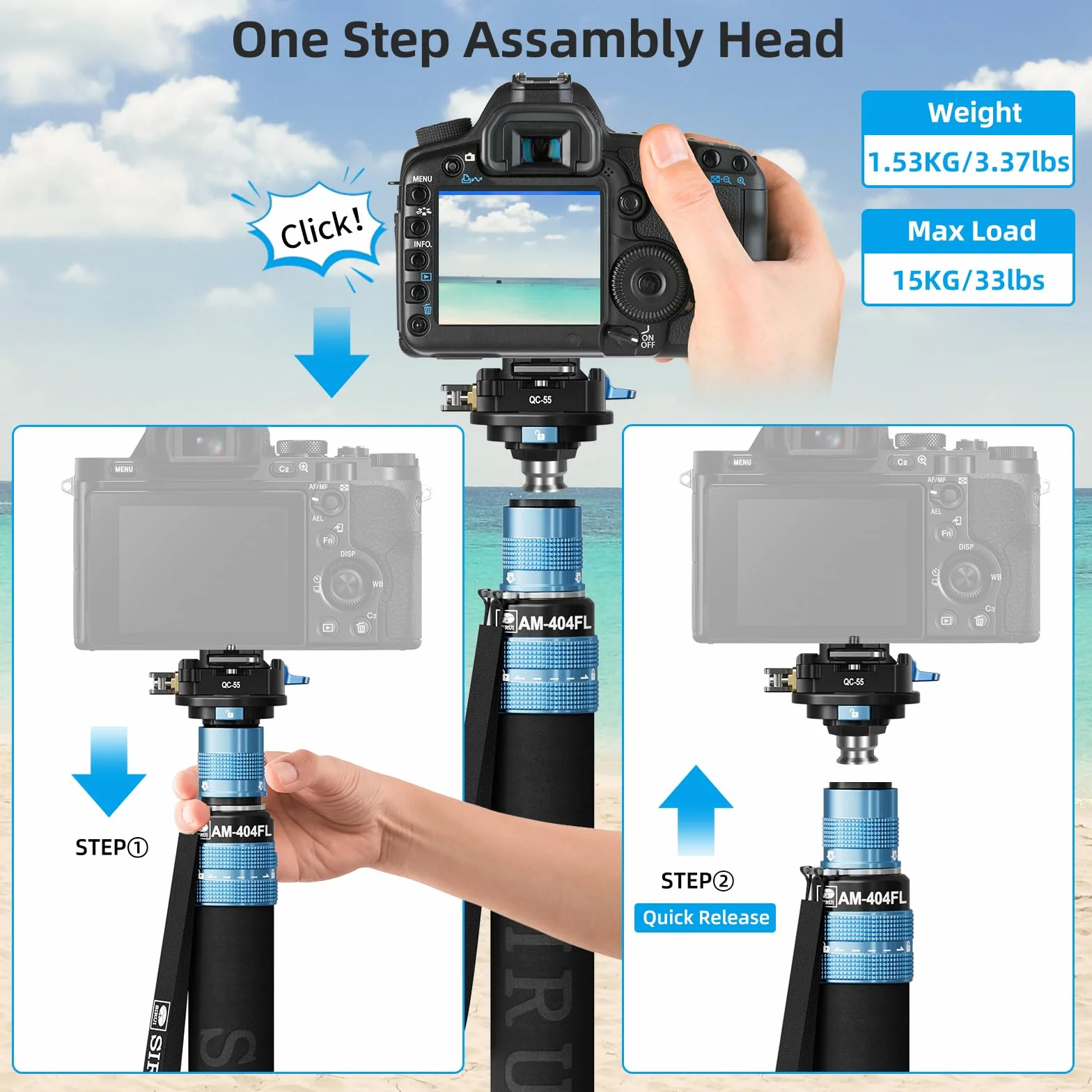 SIRUI Monopiede in alluminio con piedini, monopiede professionale da 192,5 cm per fotocamere, monopiede compatto da viaggio con piastra a sgancio rapido, carico massimo 15 kg, compatibile con