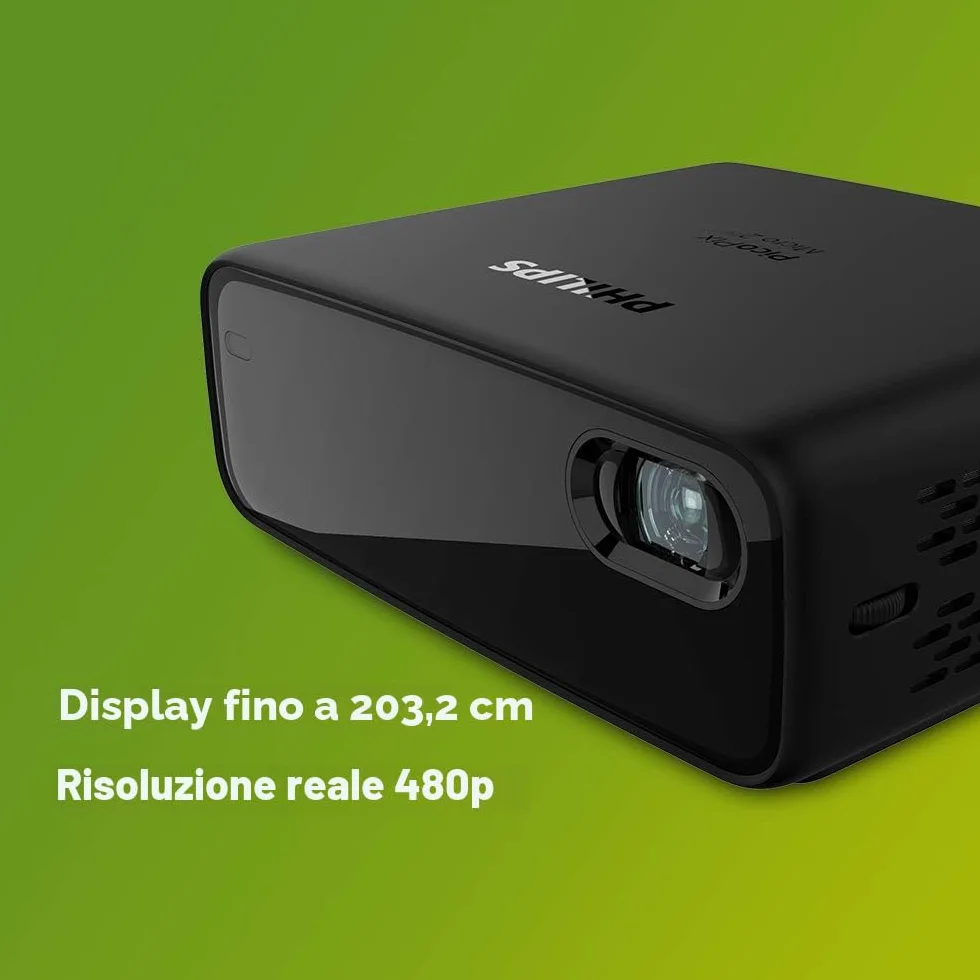 Philips PicoPix Micro 2TV, proiettore portatile, LED DLP, Altoparlanti stereo, batteria da 4 ore, Android TV integrato, HDMI, USB-C, nero