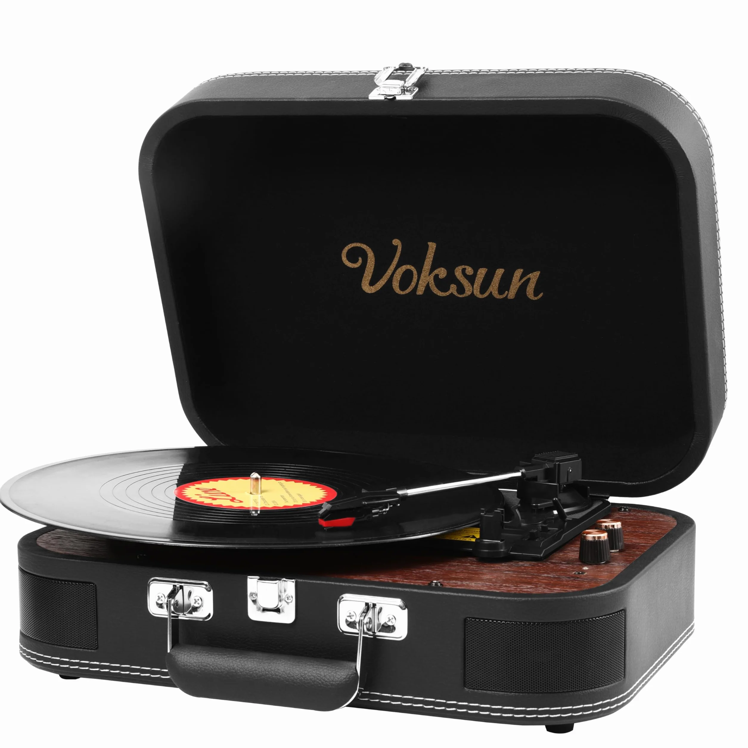 VOKSUN Giradischi Vinile Portatile Vintage con Altoparlanti Incorporati, Bluetooth, 3 Velocità, USB, AUX, RCA, Auto-Stop