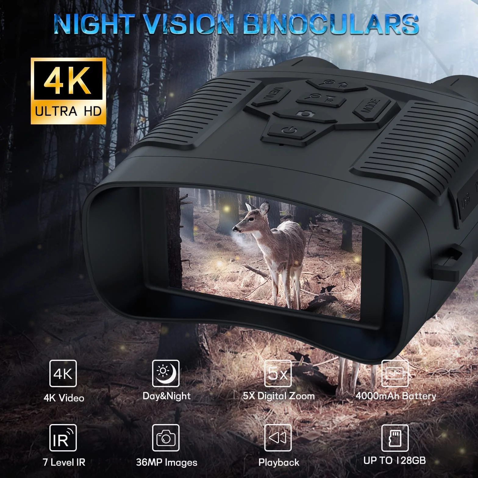 zalati Occhiali per la visione notturna Binocolo a infrarossi 4K con display da 3" Batteria ricaricabile per la caccia