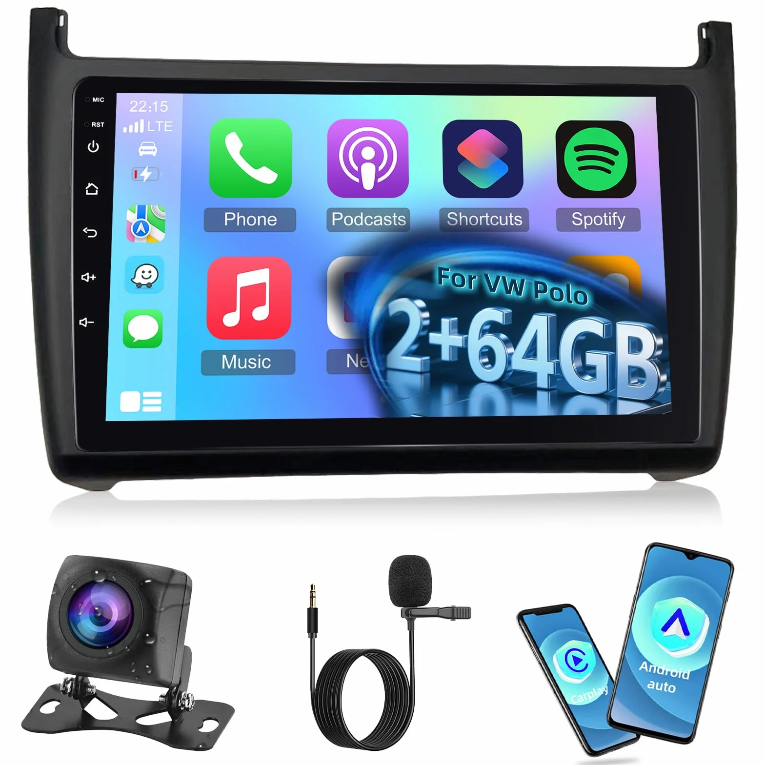 NHOPEEW 2G+64G Android Autoradio per VW Polo 6R 2009-2017 - Senza fili Carplay e Android Auto - 9 pollici Android Stereo con WiFi EQ GPS Mirror Link FM RDS + AHD Telecamera posteriore&Mic