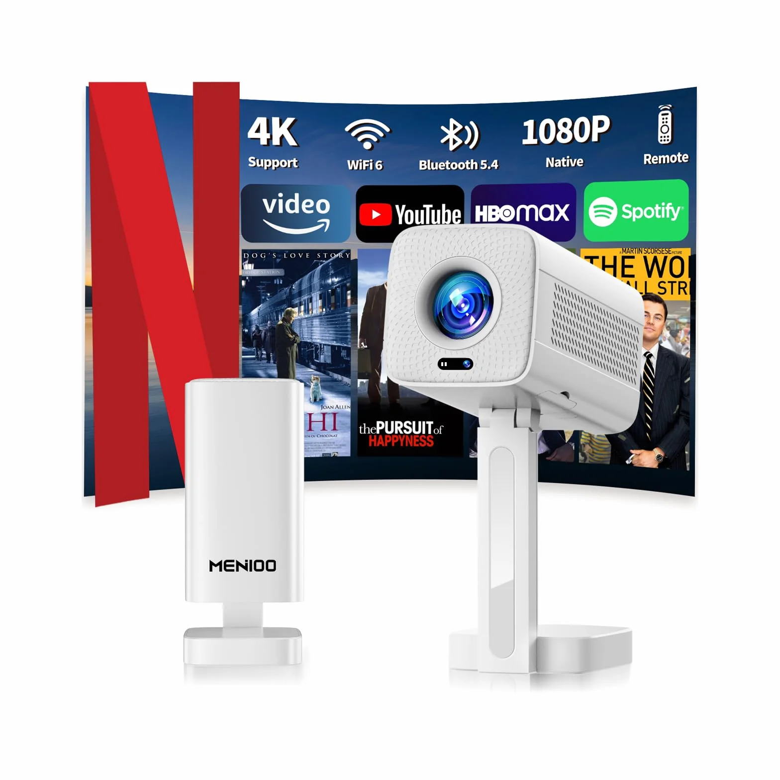 Mini Projector 4K【App integrata& Auto Focus Auto Keystone】Support 1080P, Mini Proiettore con WiFi 6 e Bluetooth 5.4 e Rotabile 90°, Portable Projector per Home Theater con HDMI/TV Stick/Laptop- Bianco
