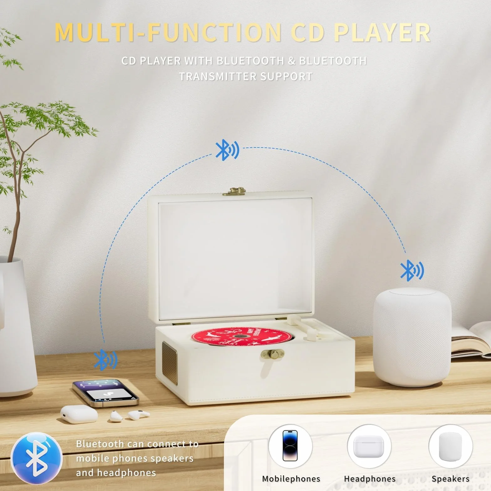 Yintiny Rechargeable Leather CD Player with Speakers; Bluetooth Transmitter; Festival Gift; BGM Player for Home Décor (White)