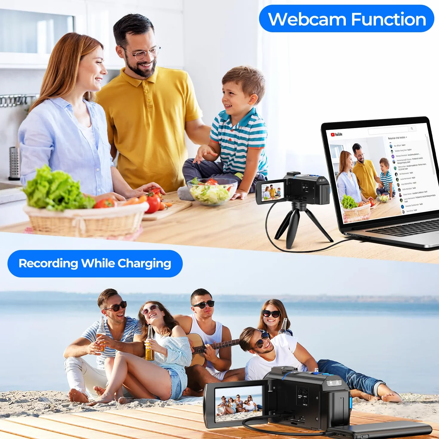 Camcorder 4K 48MP Videocamera YouTube, Visione Notturna IR Fill Light LED, Webcam Streaming, Schermo Tattile 3" 270°, 32GB SD, Telecomando, Batteria, Camera Vlog Principiante Economica