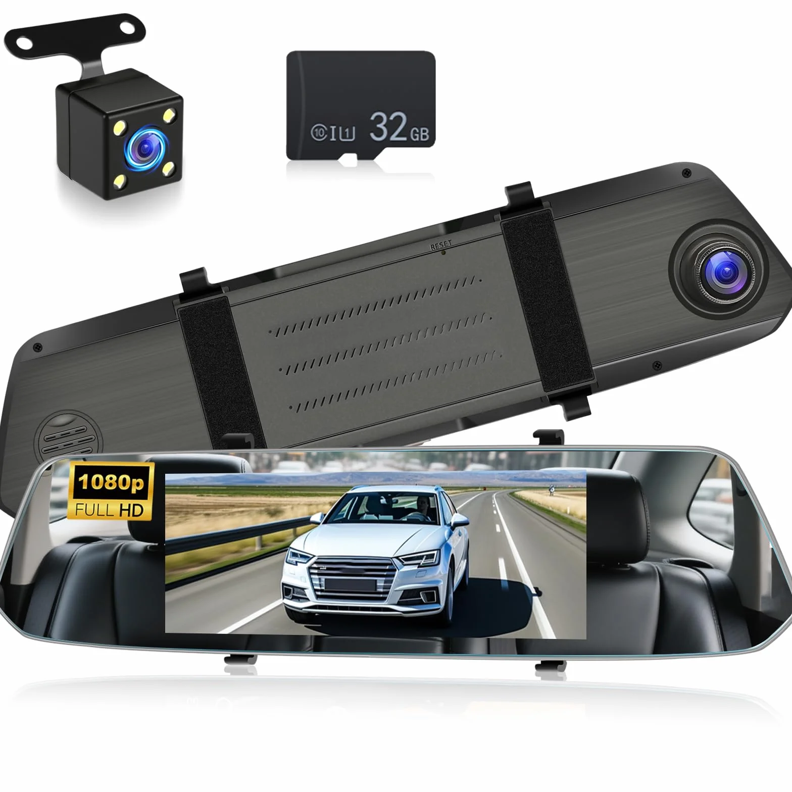 NHOPEEW Dash Cam a specchio da 7 pollici con doppia telecamera anteriore e posteriore - Sensore di gravità/registrazione in loop/rilevamento del movimento/monitor di parcheggio + scheda SD da 64G
