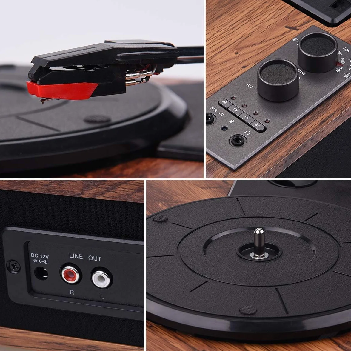 Giradischi in Vinile Vintage Bluetooth Altoparlanti Integrati 3 Velocità Portatile Legno Noce