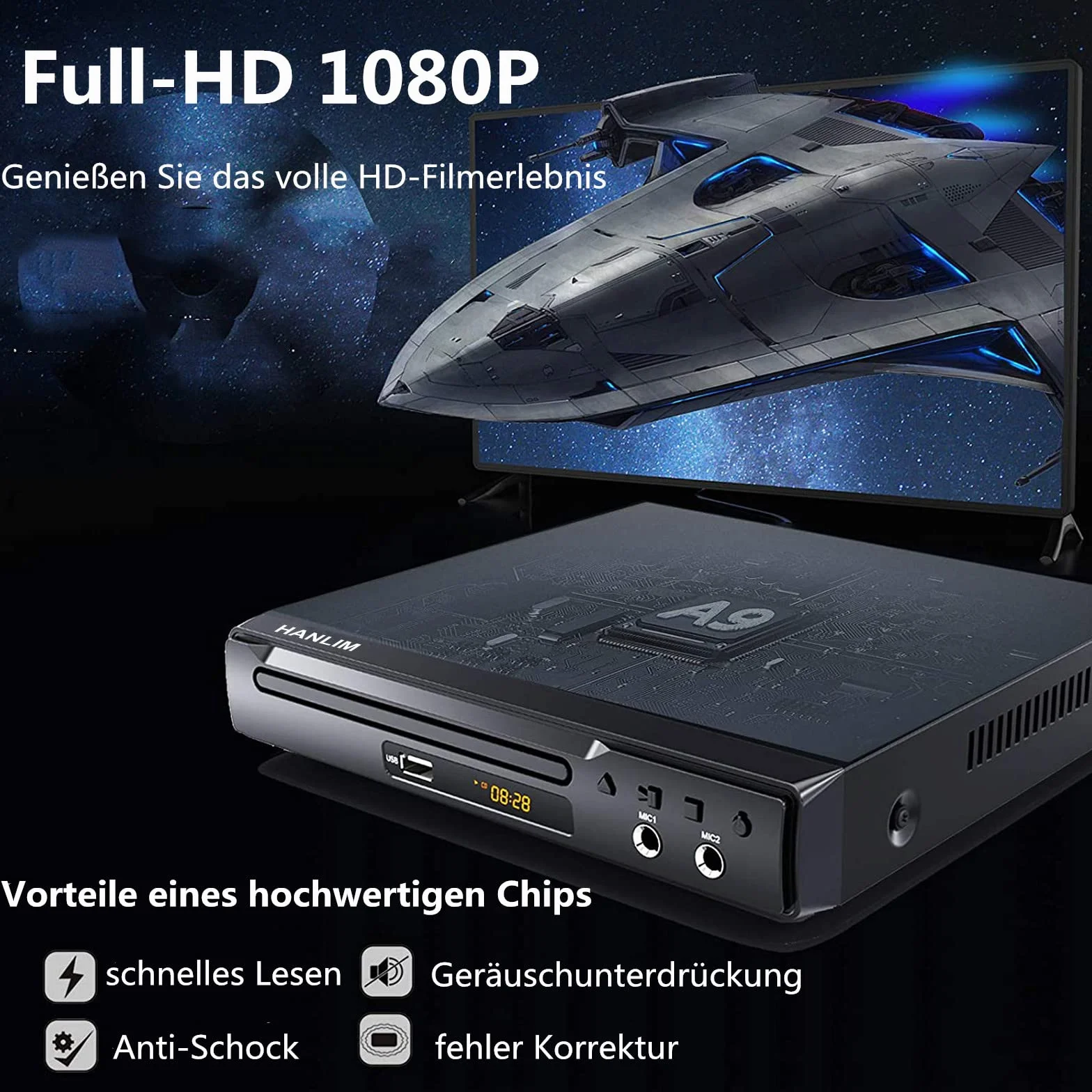 Mini lettore DVD Scart Compact CD Player Region Free HDMI per TV, USB, 2 interfacce microfono, cavo HDMI/AV, sistema TV PAL/NTSC integrato alloggiamento in metallo