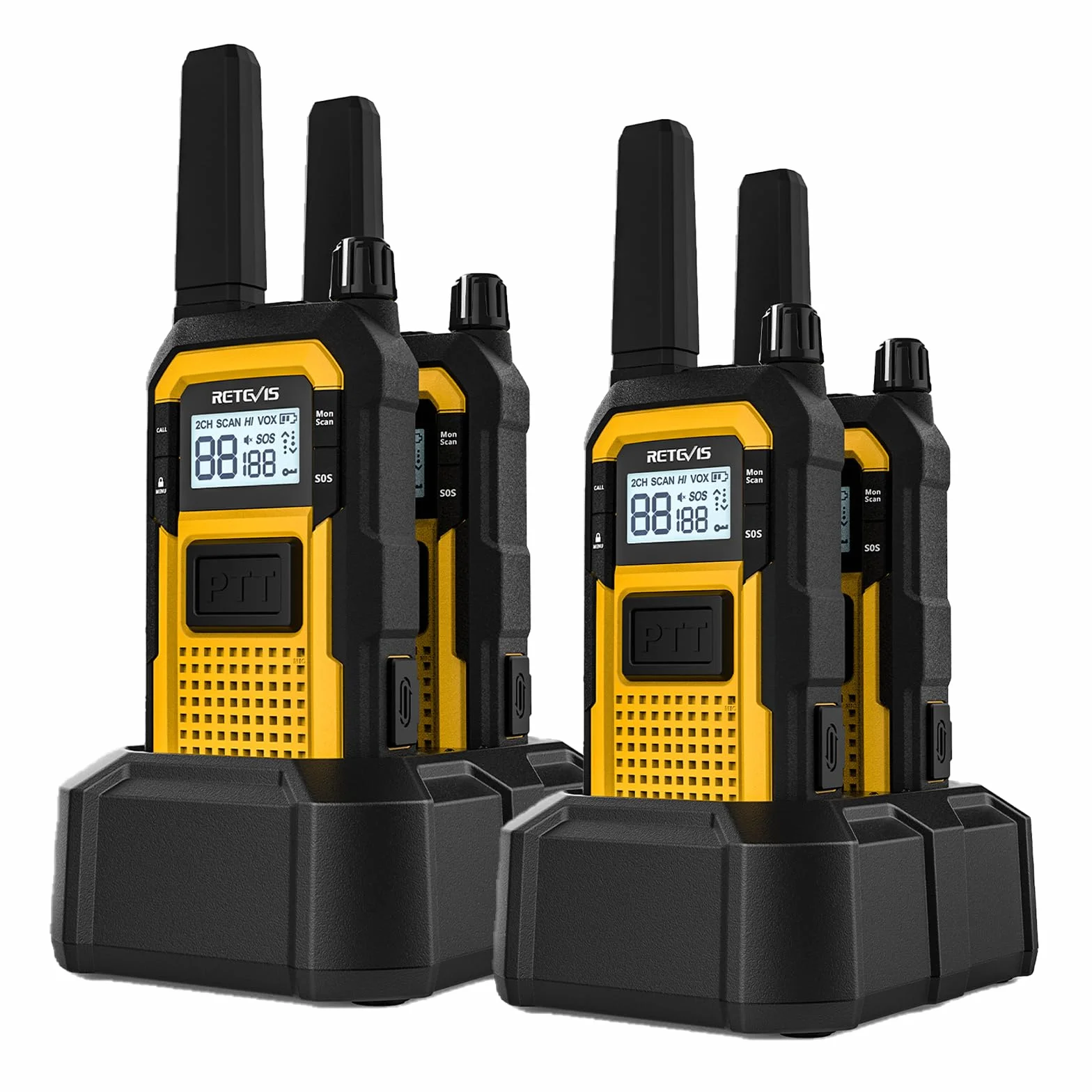 Retevis RB648 Walkie Talkie Robusto, Radio Bidirezionale Impermeabile IP67, 2000mAh Ricaricabile, Doppio PTT, 4 Pezzi Giallo