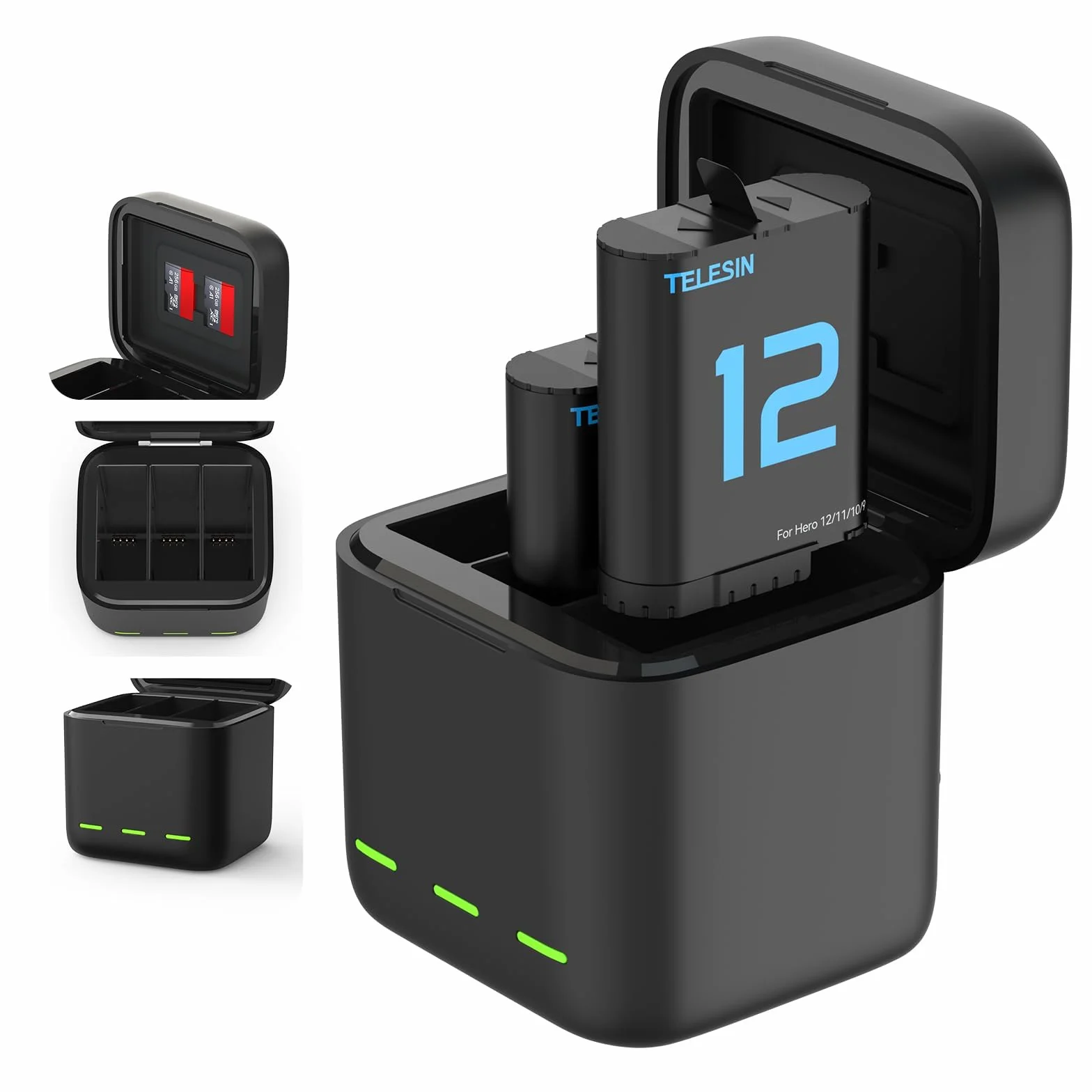 TELESIN Caricabatteria e scatola di immagazzinaggio di batteria tripla a 3 canali con 2 batterie ricaricabili agli ioni di litio per GoPro Hero 12 Hero 11 Hero 10/9 (S0-BCG-04-TGP)