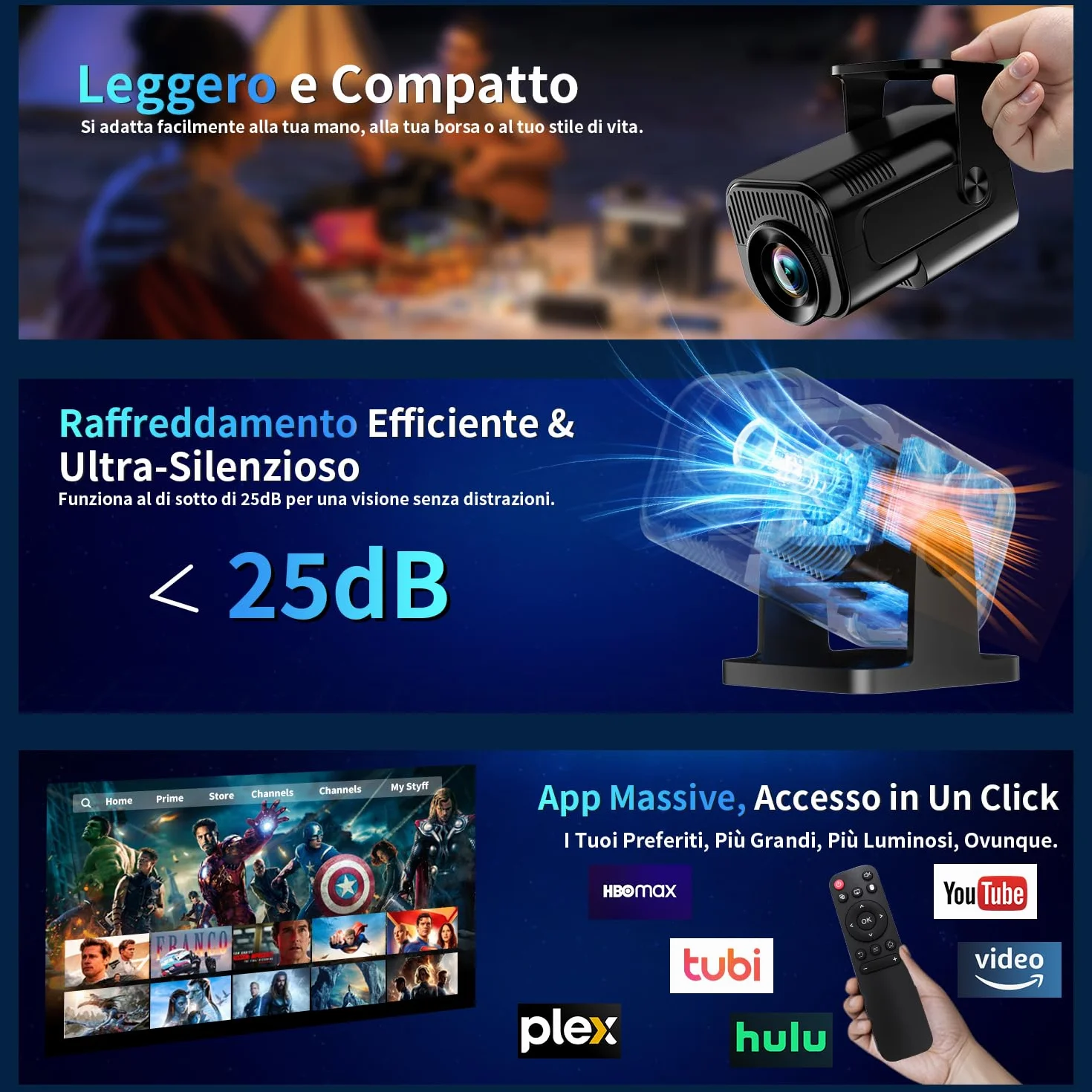 Proiettore 1080P 4K WiFi 6 Bluetooth 5.2 Mini Portatile con Rotativo 270° Auto Keystone Nero