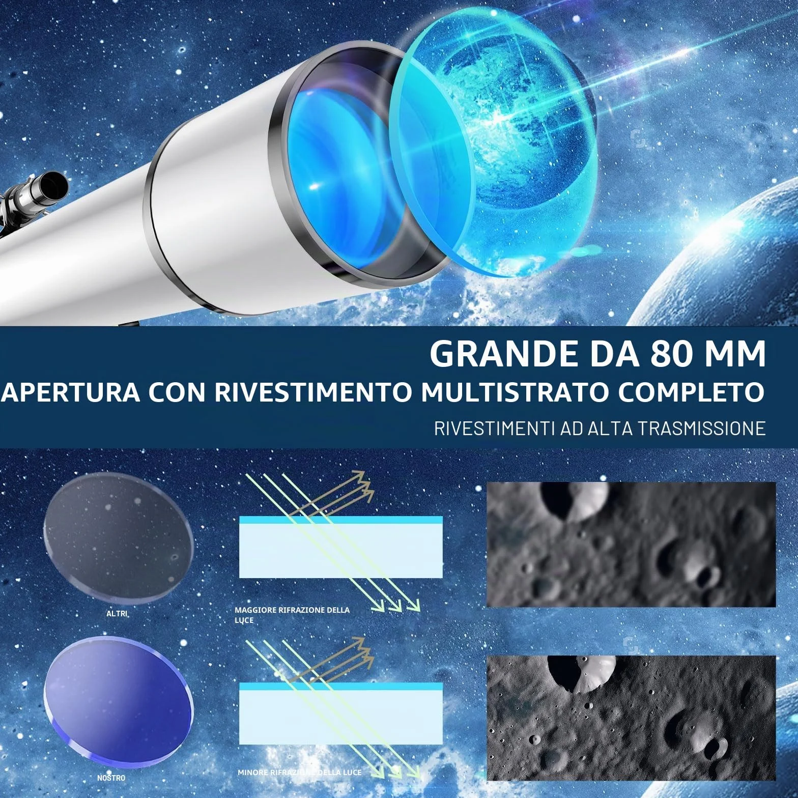 Telescopio Astronomico per Adulti, 80 mm Apertura 800mm AZ Telescopi Rifrattori per Principianti, HD Telescopio Portatile con Regolabile Treppiede, borsa,Adattatore Telefonico