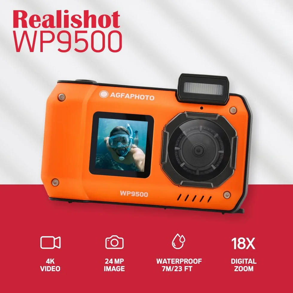 AgfaPhoto Realishot WP9500 - Appareil Photo Numérique Waterproof, Étanche 7m, 24 MP, Zoom 18X, Vidéo 4K, Double Écran 2.9”/1.4” - Orange