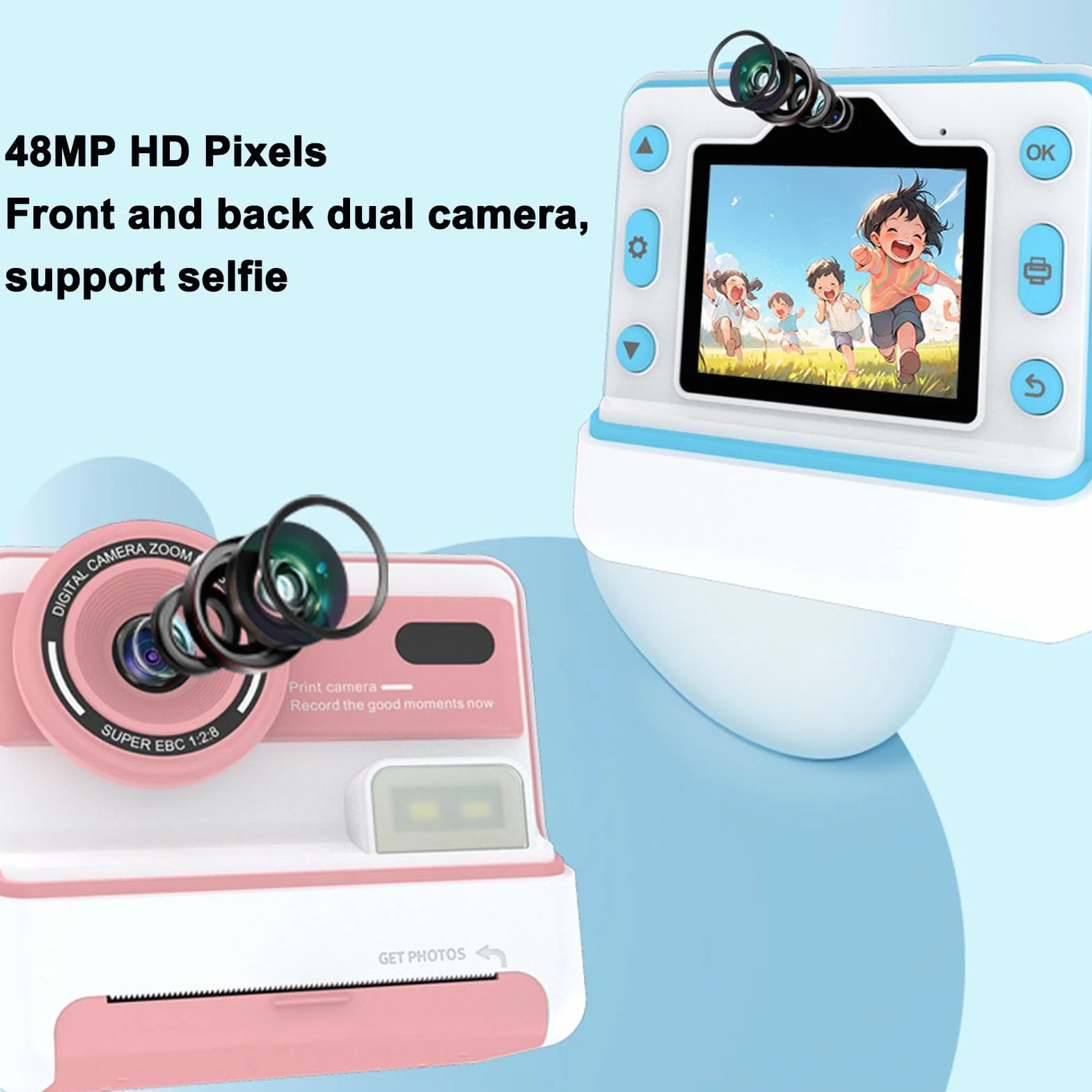 Fotocamera a Stampa Istantanea, Regali di Compleanno di Natale per Ragazze e Ragazzi, HD 1080P 48MP Schermo da 2,4 Pollici Zoom 16X Flash Videocamere Digitali per Bambini (PINK)