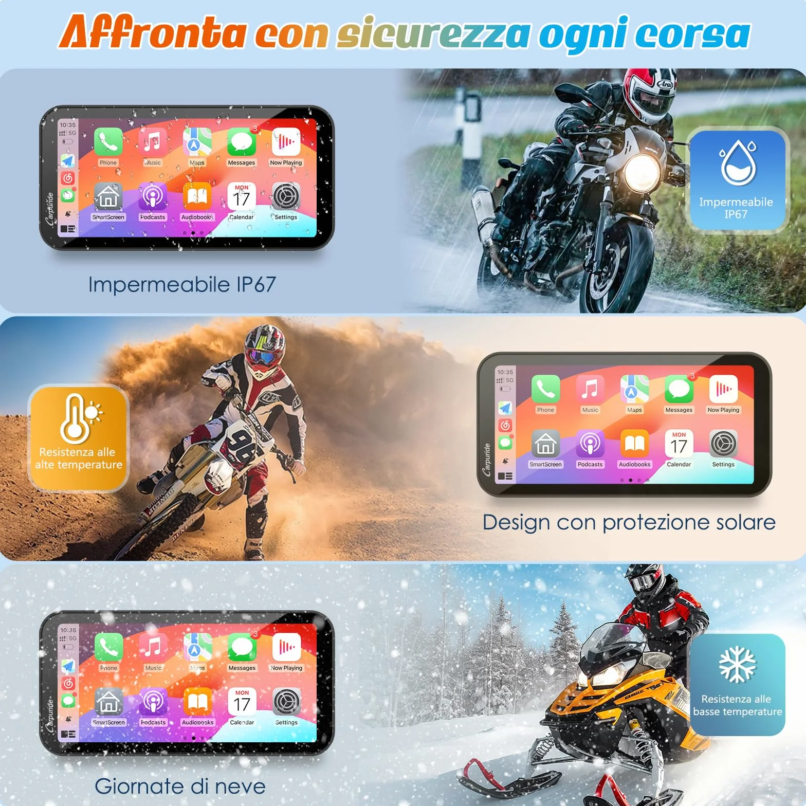 Carpuride W603 Schermo Carplay per Moto, CarPlay Wireless e Android Auto per Moto, Telecomando, Touchscreen Impermeabile da 6,3", Audio BT, Navigazione GPS, Siri, Assistente G00gle