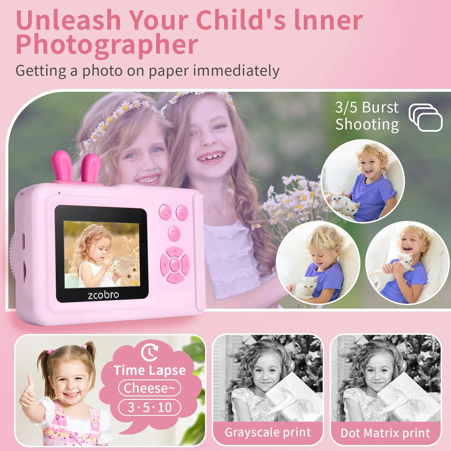 KC5 - Fotocamera a stampa istantanea per bambini (rosa)