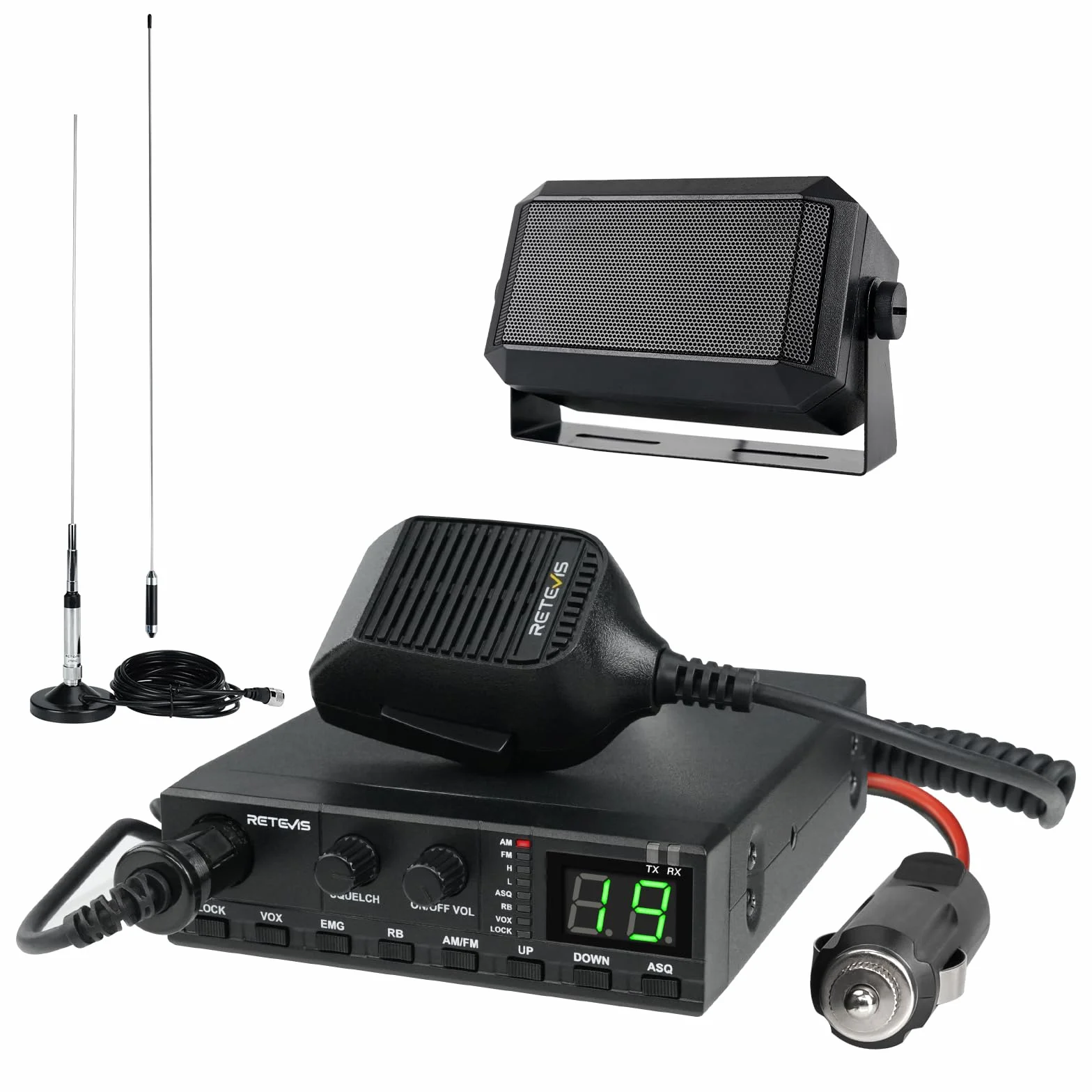 Retevis MB62 CB Radio, CB con Antenna ad Alto Segnale e Altoparlante Esterno, VOX, Riduzione Del Rumore ASQ/SQ, AM/FM, EMG CH9/19, Staffa di Montaggio, Radio Portatile per Camion (1 Pz)