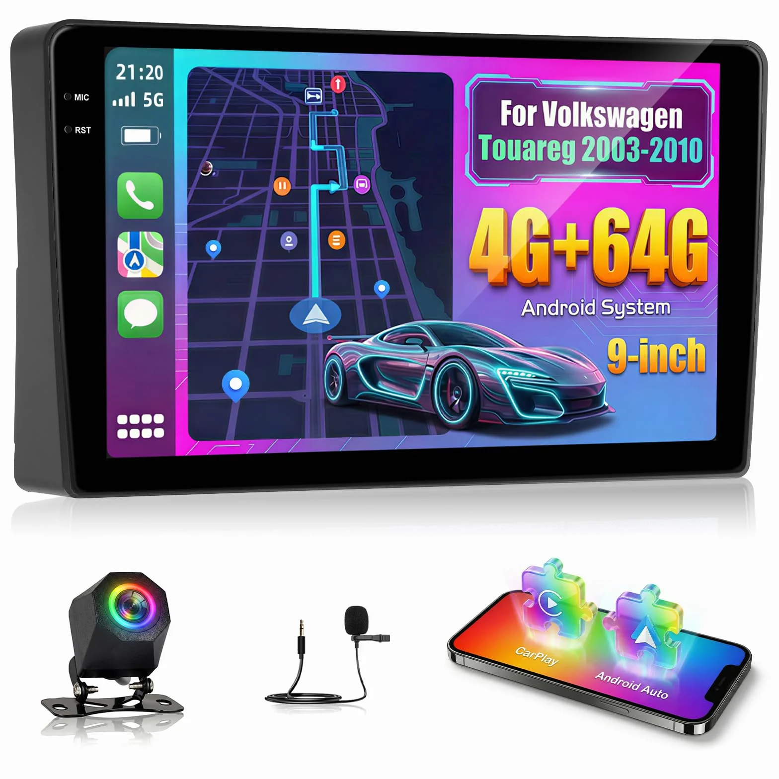 NHOPEEW 4+64G Autoradio per Volkswagen Touareg 2003-2010 con Wireless Carplay e Android Auto - Schermo incell da 9 pollici Supporto WiFi GPS Comandi al volante + Telecamera di retromarcia, Canbus