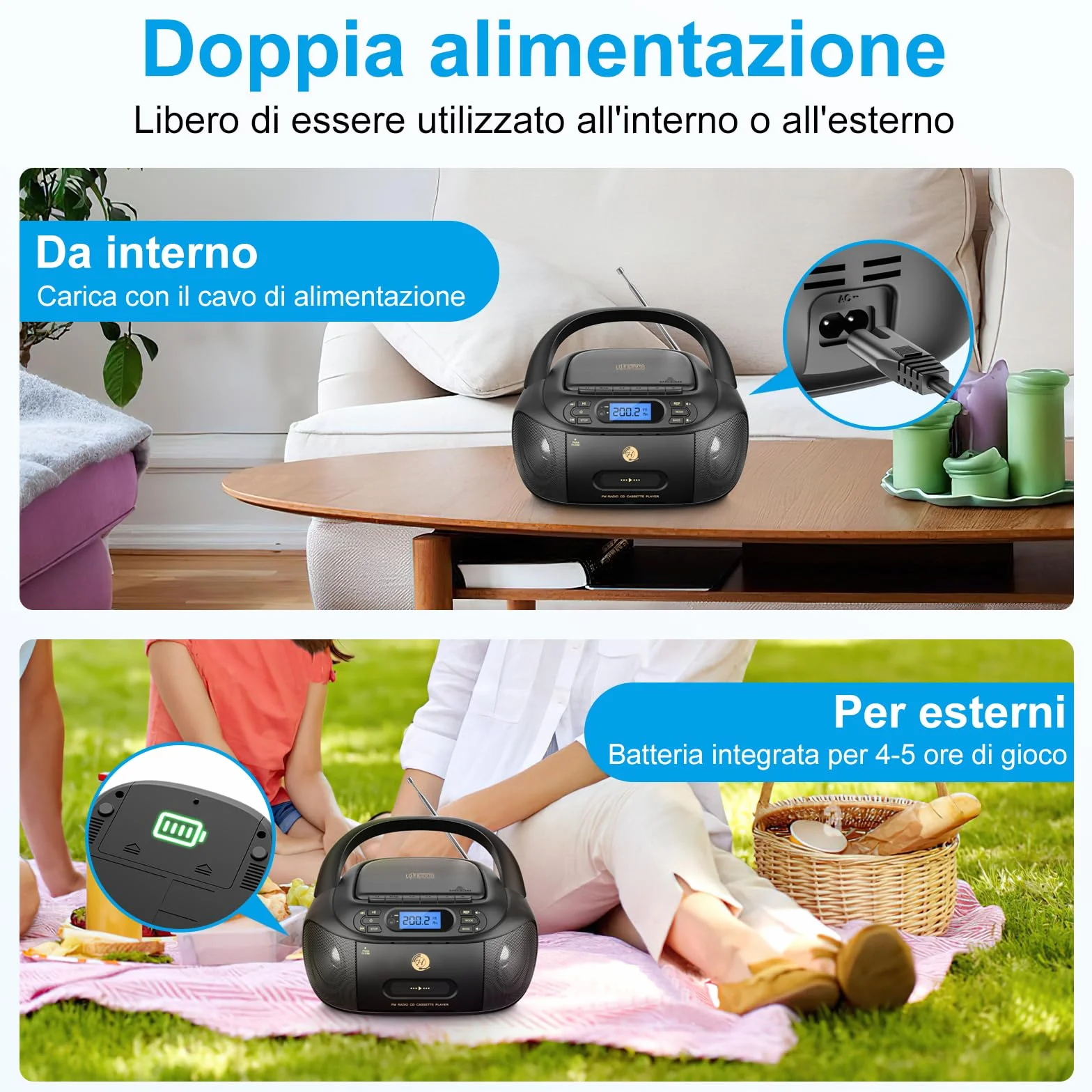 Lettore CD con Cassette, Radio FM Portatile, Lettore CD super basso Boombox con Bluetooth, Altoparlanti Stereo Incorporati, supporto AUX-In, Riproduzione USB, Uscita per cuffia