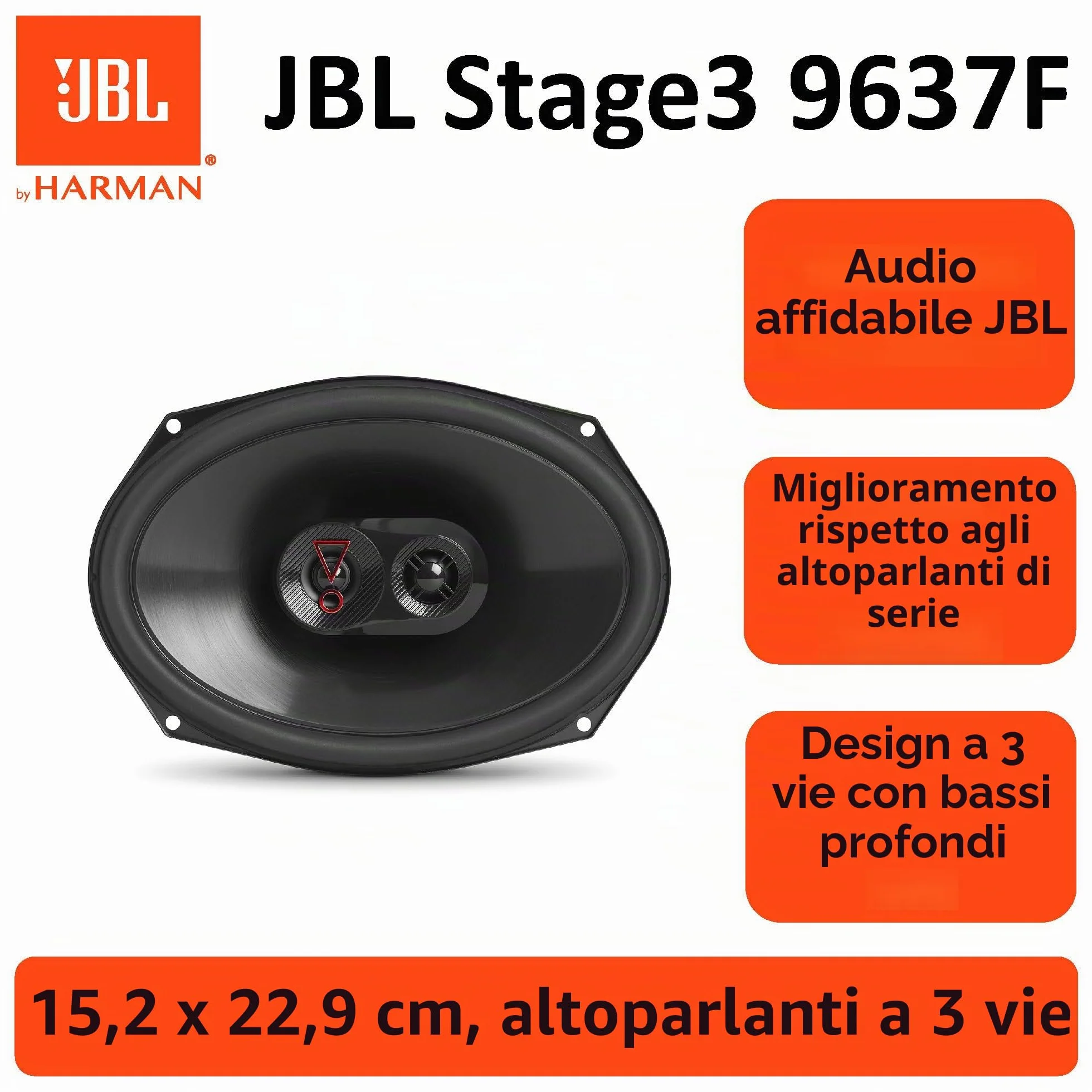 JBL Stage3 9637F - 3-Vie Casse Auto Set di Harman Kardon Senza Griglia - 375 Watt impianto stereo ovale Altoparlanti da 16.5 x 23 cm | 6x9" pollici