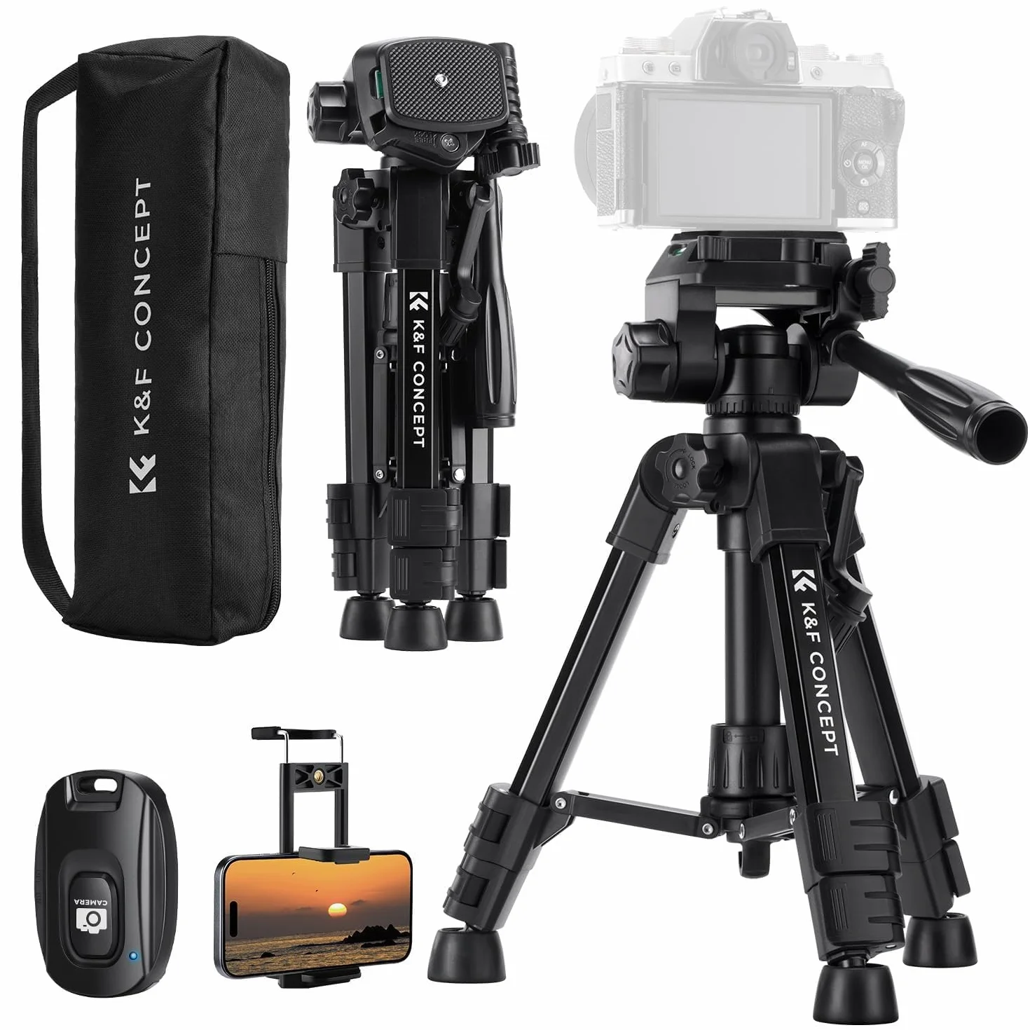 K&F CONCEPT Mini Treppiede per Fotocamera 64CM, Treppiede da Tavolo in Alluminio con Telecomando, Mini Travel Tripod S233A0, Treppiede Piccolo per DSLR, VCR, Cellulari, Proiettori e Telescopi, ecc.