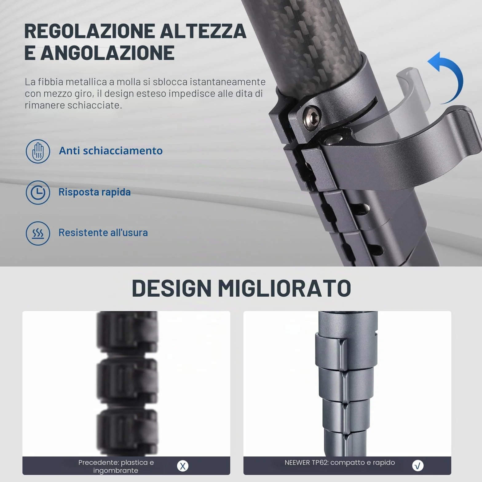 NEEWER Treppiede da Viaggio 62" Fibra di Carbonio con Livellamento ±15°Testa Pan 360°, Colonna Centrale Staccabile, Rilascio Rapido Arca Compatibile con Peak Design Piastra Treppiede Capture V3,TP62