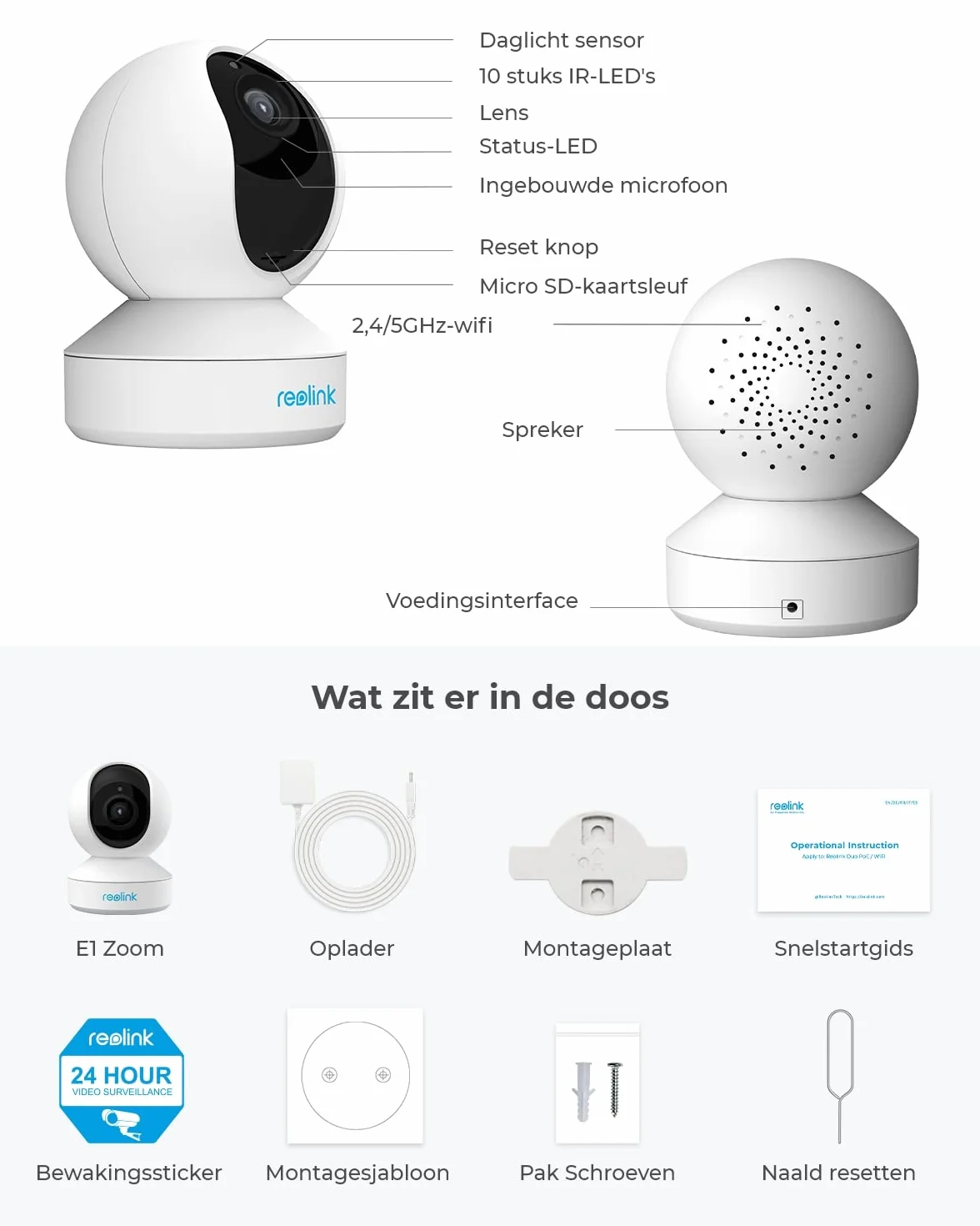 Reolink 5MP PTZ Telecamera WiFi Interno con WiFi 2,4/5 GHz, Videocamera Sorveglianza, 3X Zoom, Sirena &Audio Bidirezionale, Rilevazione del Movimento Baby Monitor, E1 Zoom (Ricondizionato)
